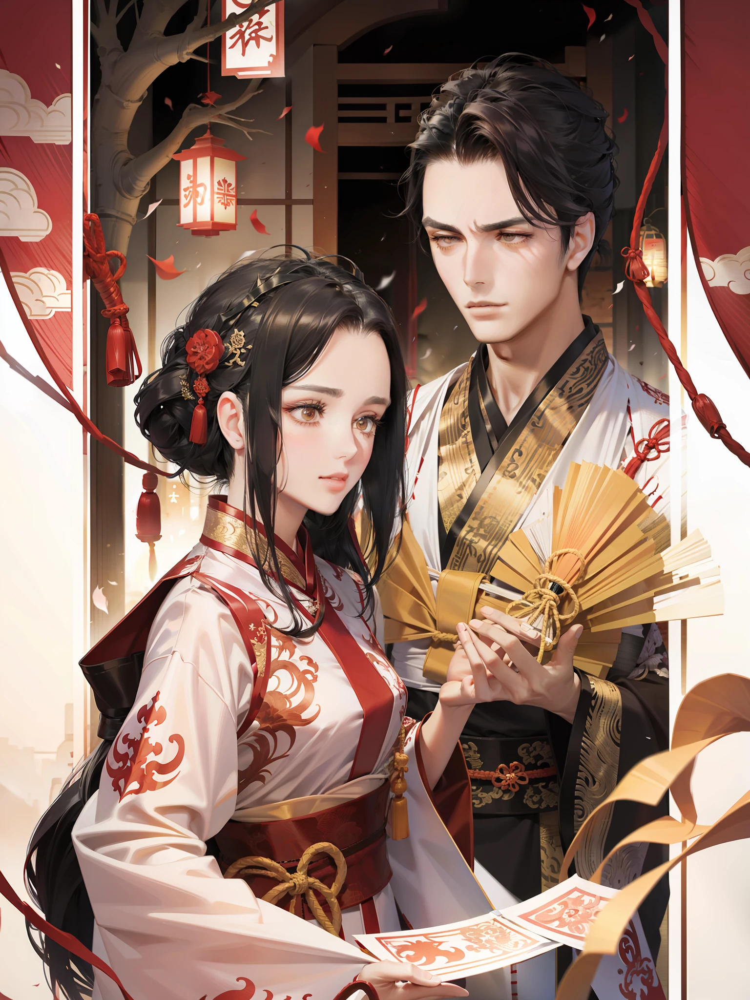 Delicate facial features, perfect figure, dragon horns in front of the forehead, Hanfu, Year of the Dragon, New Year atmosphere, black hair, bright eyes, black eyes, long eyelashes, paper cutting, red envelopes, lanterns