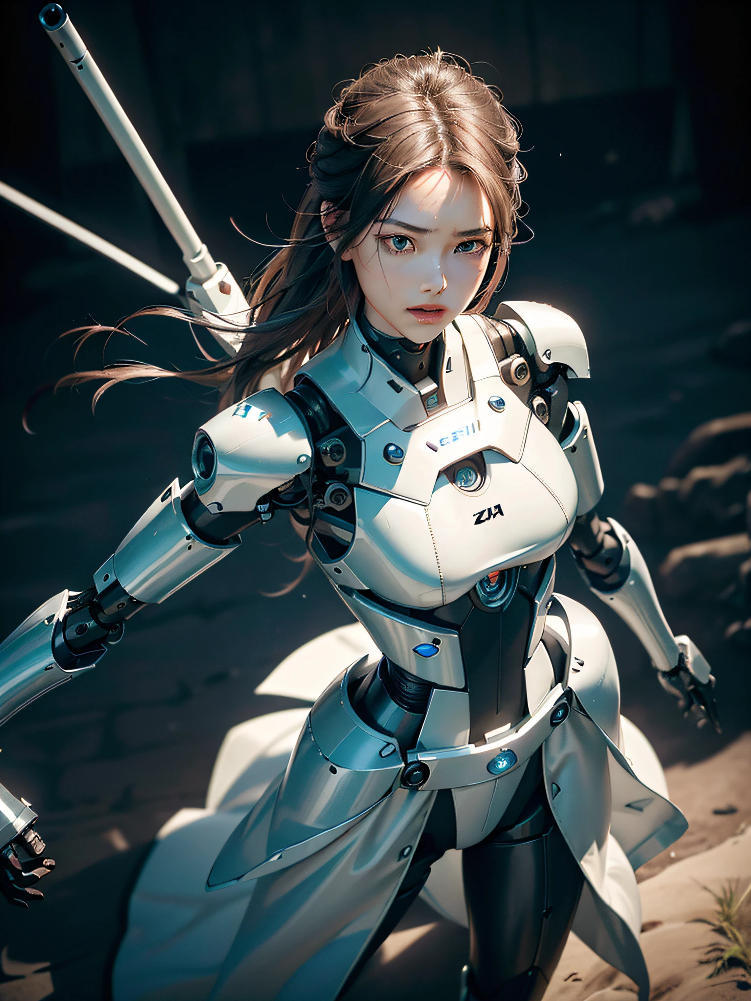 zhongfenghua, (RAW photo, best quality), (realistic, photo-realistic:1.3), extremely delicate and beautiful, Amazing, finely detail, masterpiece, ultra-detailed, highres,best illustration, best shadow,intricate,depth of field,(dramatic lighting:1.4),(from above:1.2),sharp focus, volumetric fog, 8k UHD, DSLR, high quality,( film grain:1.4), Fujifilm XT3,full body,A beautiful young woman wearing black trench coat, half human half robot face, ((1 robot,1 robot,Mechanical costalis,Mechanical spine))|Monotonous metallic color,Metal has no color, robot no color,robot girl,metallic mixture,cyborg girl)),looking at viewer, facing front, fighting stance
(Cable:1.2),(Transmission tube:1.2),(Machine eye:1.3),((Mechanical part connection)),((both arms)|(complex mechanical component:1.2~1.6)),((costalis)|(robot joints:1.2~1.6)), ,streamlinerai mecha,(lightsaber),earth,milky_way,starry,water,((armor)),water,wave