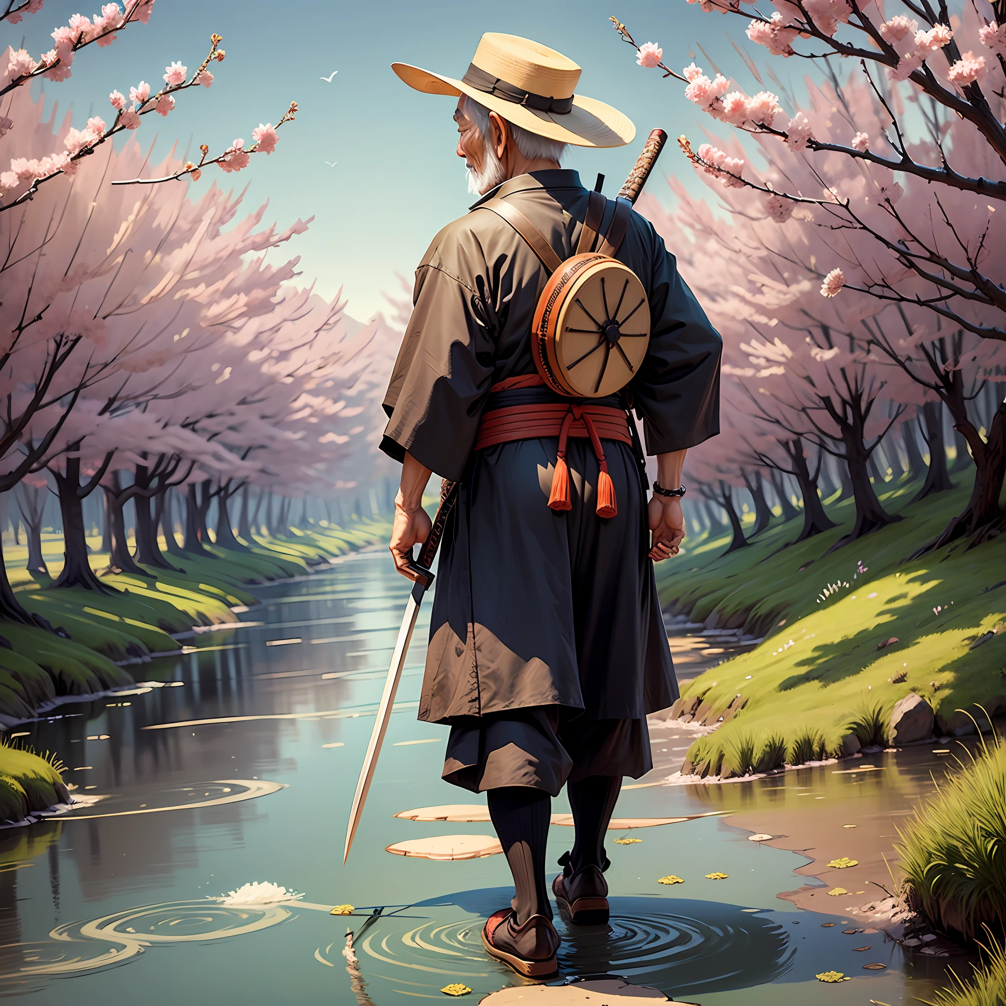 Old Japanese man walking towards the horizon, Japanese edo period, put a katana on your waist --auto --s2
