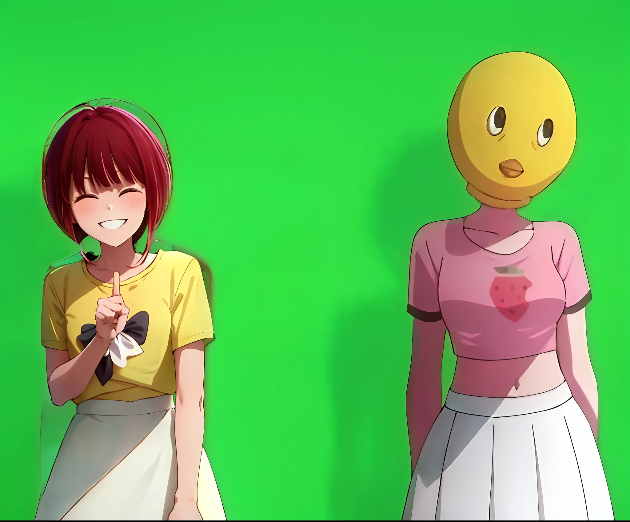 Kana Arima, looking to the left, grin, smiling, pointing fingers, grinning, closing eyes, yellow shirt, white skirt