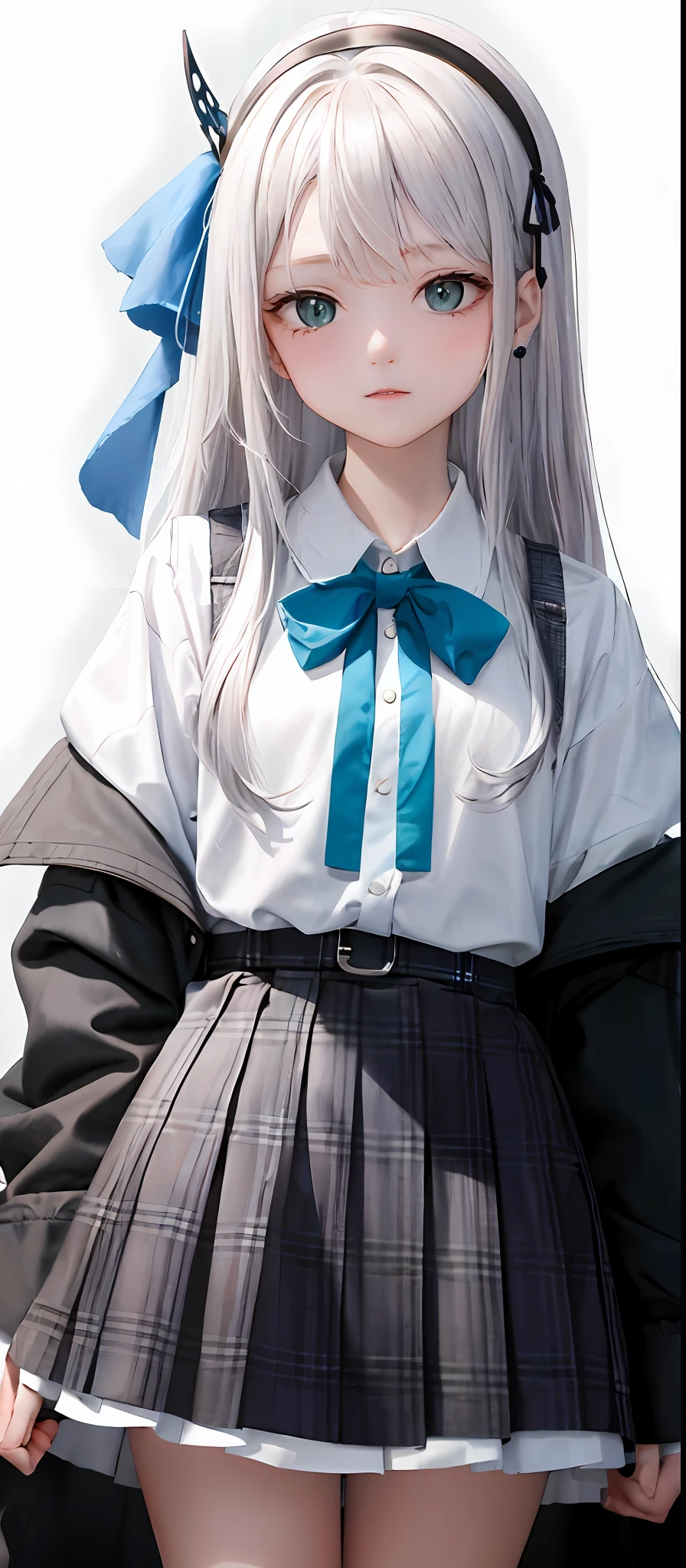 1girl, (masterpiece:1.1), (best quality:1.1), (white blouse:1.1), (plaid skirt:1.1), school uniform, high waist skirt, BREAK [blue:pink:0.5] theme, (gradient background:1.1 ), cowboy shot, BREAK silver hair, long hair,, green eyes, delicate headgear, looking sideways,