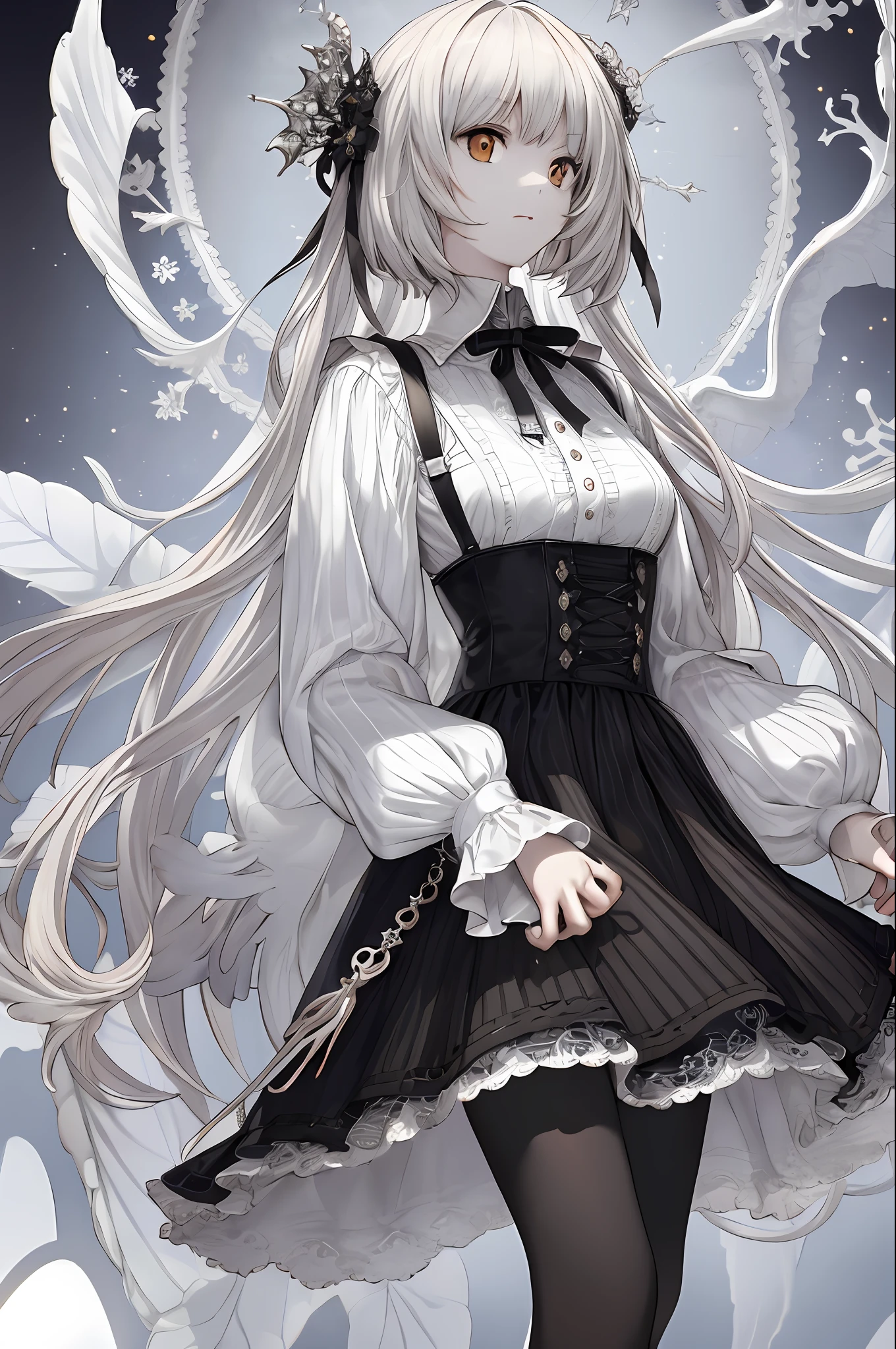 Nardack,RAW,(intricate detailed), 1girl, solo, white skin, deadpan, (Black Corset Strap cotton Dress:1.1), white Long-Sleeve Layered Collar Collar Plain Shirt + Neck Tie + A-Line Suspender Skirt, black Pantyhose, hghheels, suspenders waist, (dark fantasy: 1.2), (final boss: 1.25), white horror theme, majestic, ((wonderful illustration)), (splash of details),