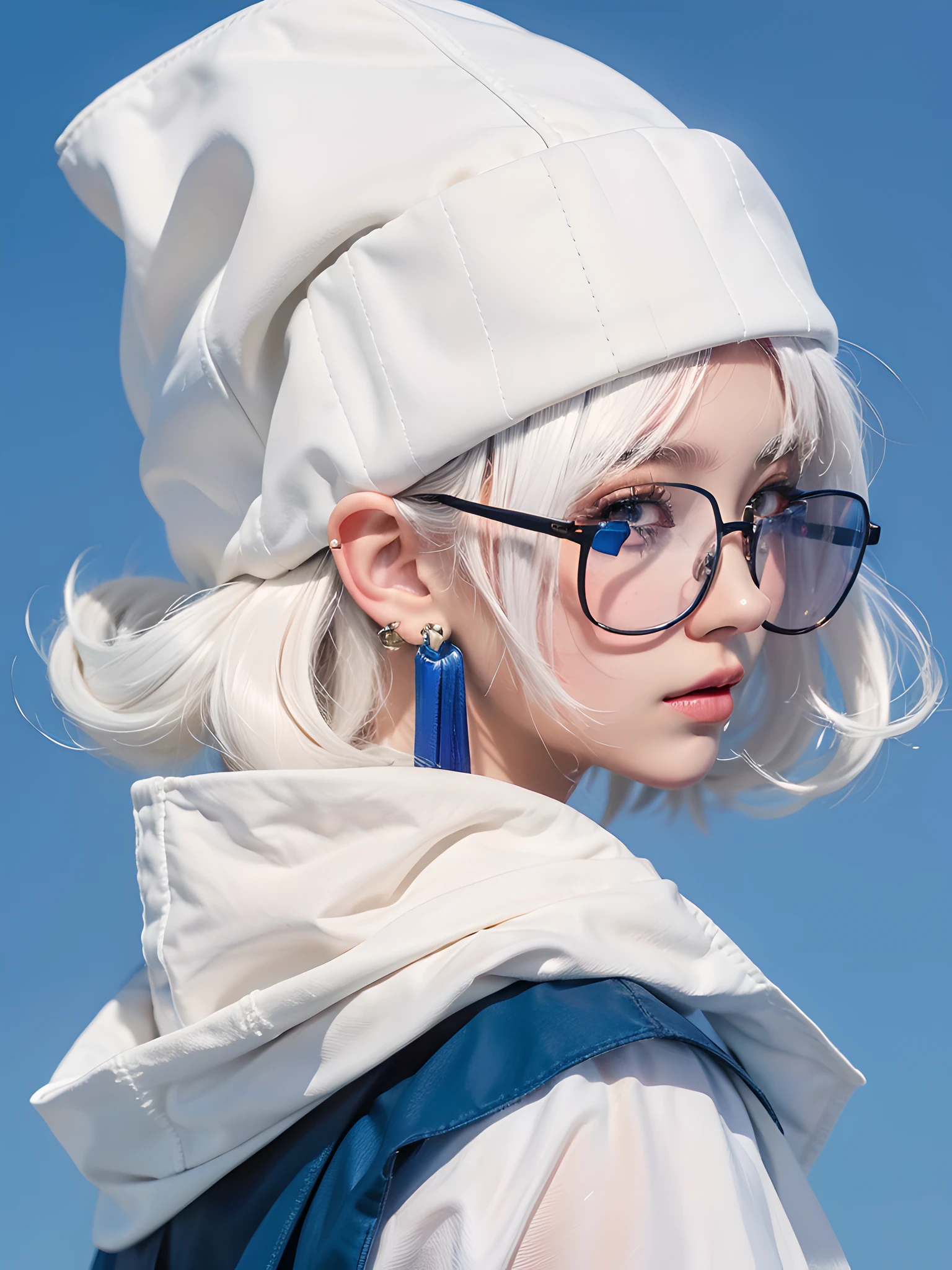 (photorealistic:1.4), best quality, masterpiece, ultra high res, 1girl, (detailed face:1.2), (detailed eyes:1.2), (detailed hair:1.2), (detailed clothes:1.2), 4k, (detailed color:1.2), glasses, earring, white hair,