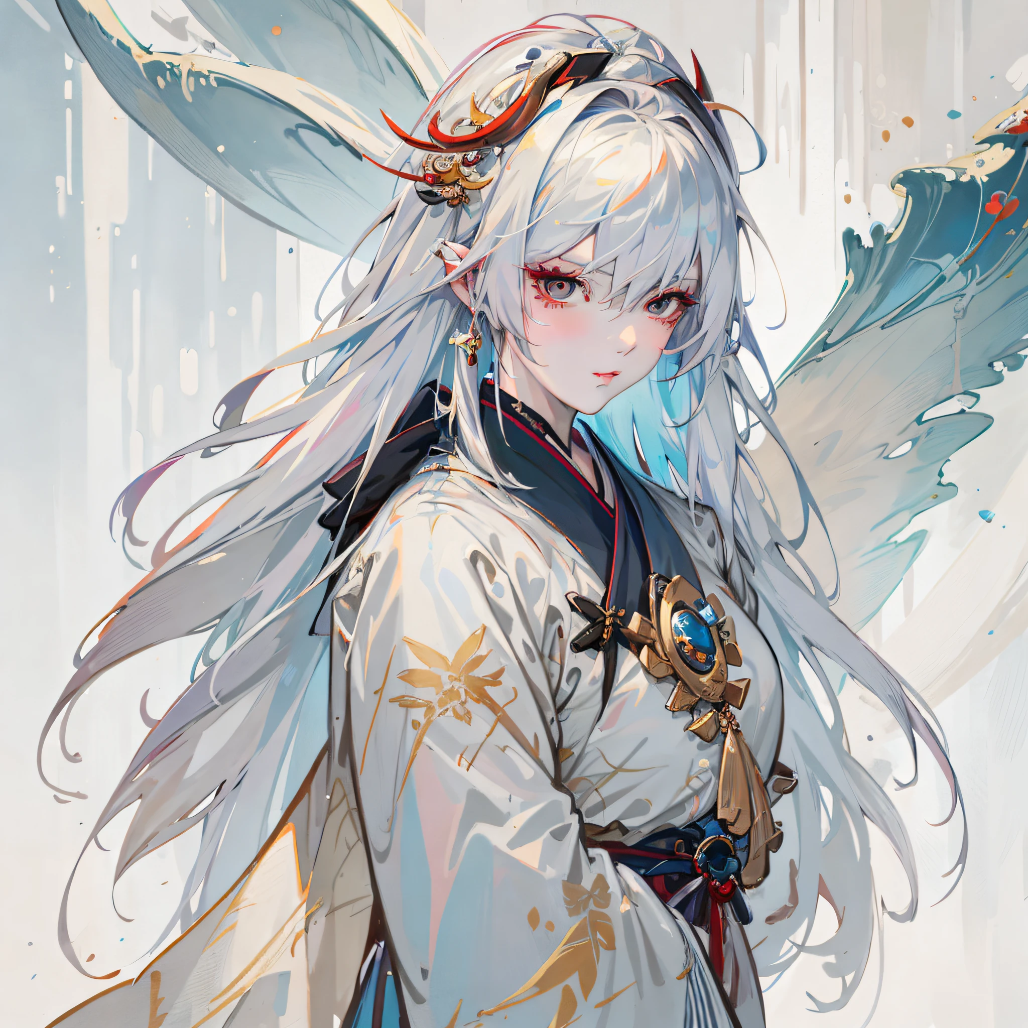 anime - style image of a woman with white hair and a blue wing, white haired deity, onmyoji detailed art, detailed digital anime art, onmyoji portrait, digital art on pixiv, anime fantasy illustration, guweiz on pixiv artstation, trending on artstation pixiv, detailed anime art, guweiz on artstation pixiv