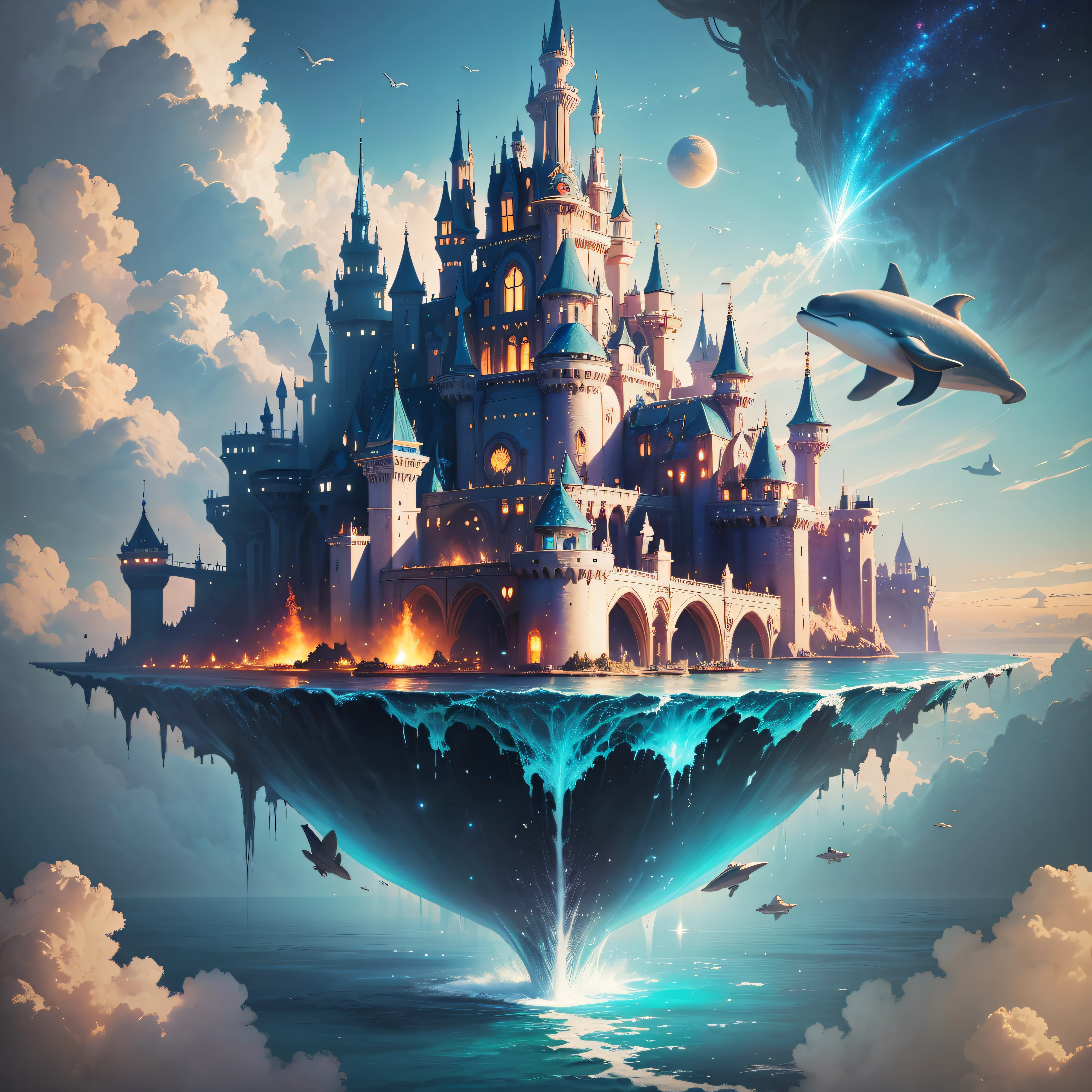 Space magic, concept art magic highlights, Disney concept, floating city in the sky with huge castle, meta verse concept art, magical ocean, floating clouds, whale and dolphins swimming in the ocean below the city, digital dreamland, magical fantasy 4d cinema art, amazing concept art --auto --s2