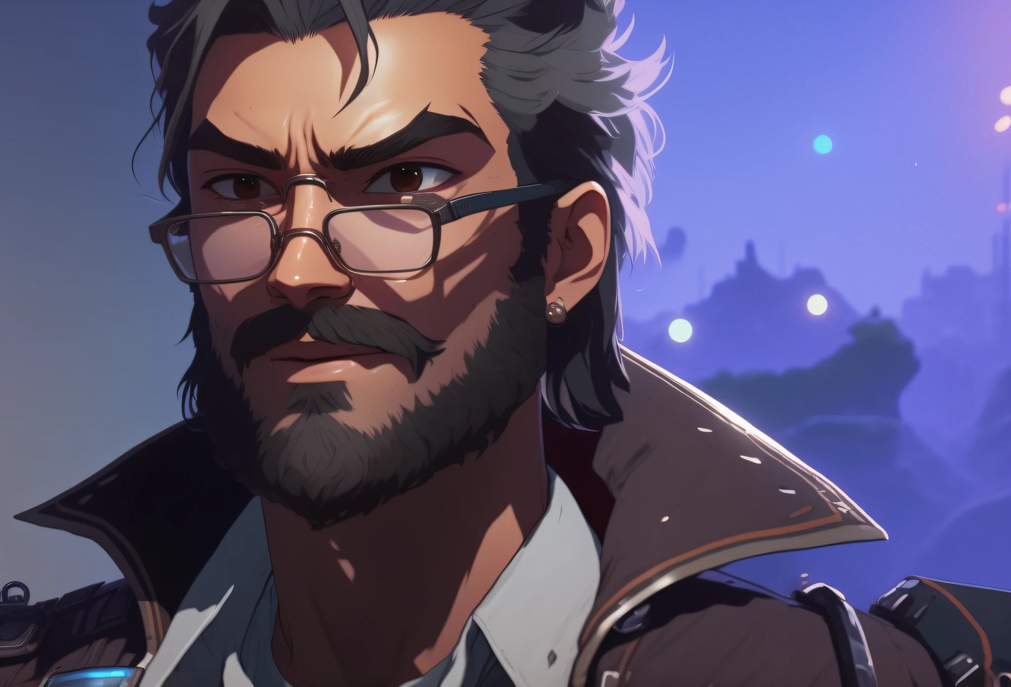 there is a man with glasses and a beard wearing a jacket, rpg portrait concept art, makoto shinkai ( apex legends ), detailed character portrait, epic rpg portrait, unreal 5. rpg portrait, portrait of apex legends, cyberpunk old man, disco elysium character, sigma from overwatch, keanu reevez in disco elysium, character art closeup, character art portrait