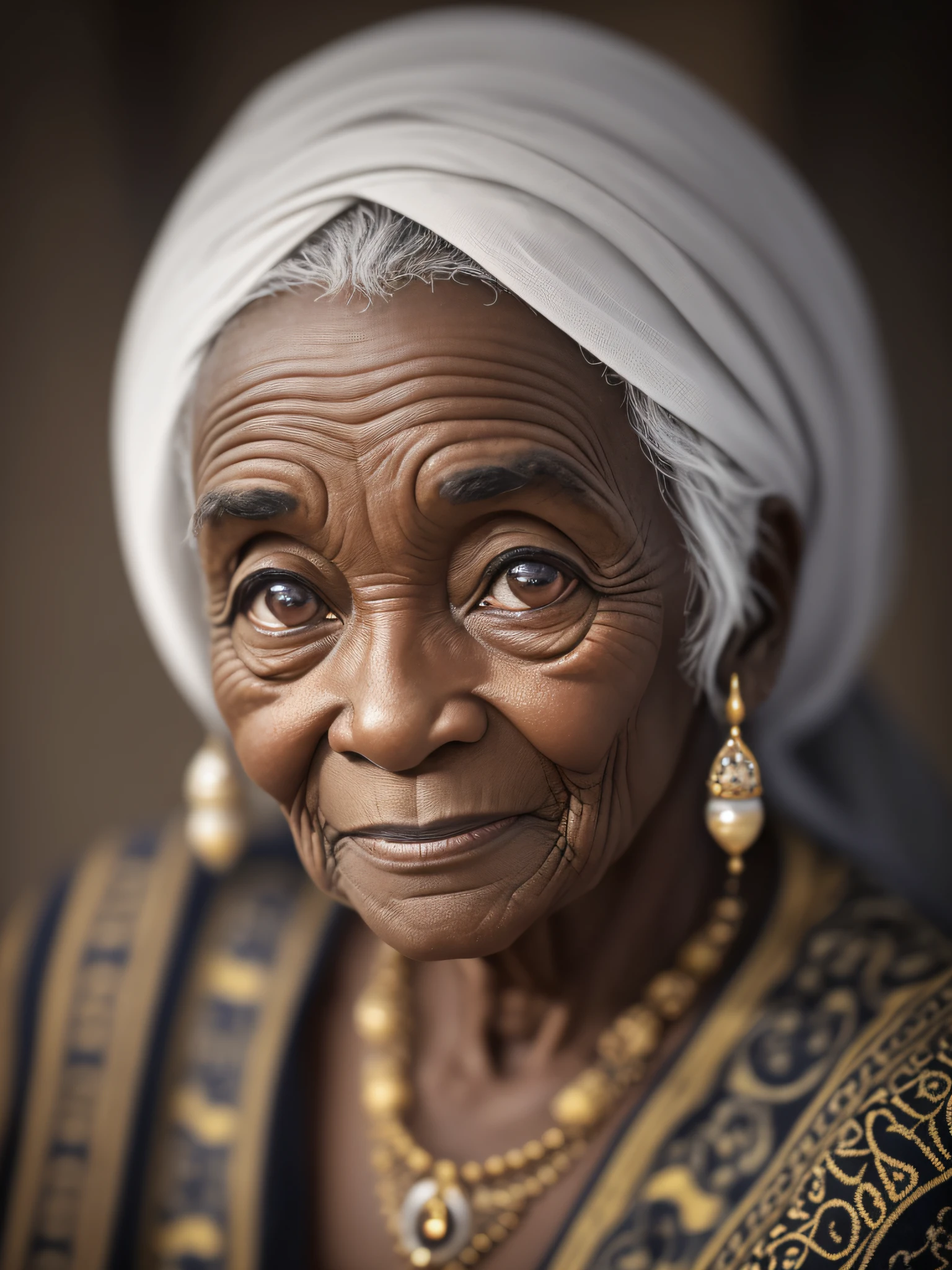 Photo of a lady with black skin, 90 years old, black and white, showing wisdom eternalized by time. Eyes conveying lived stories, many wrinkles that tell journeys, a gentle smile that reflects the strength and resilience of a life well lived. It is an expression of serenity and pride, revealing the depth of your soul and the wisdom accumulated over the years. Realistic photo, close-up, detailed, blurry background with bokeh --auto --s2