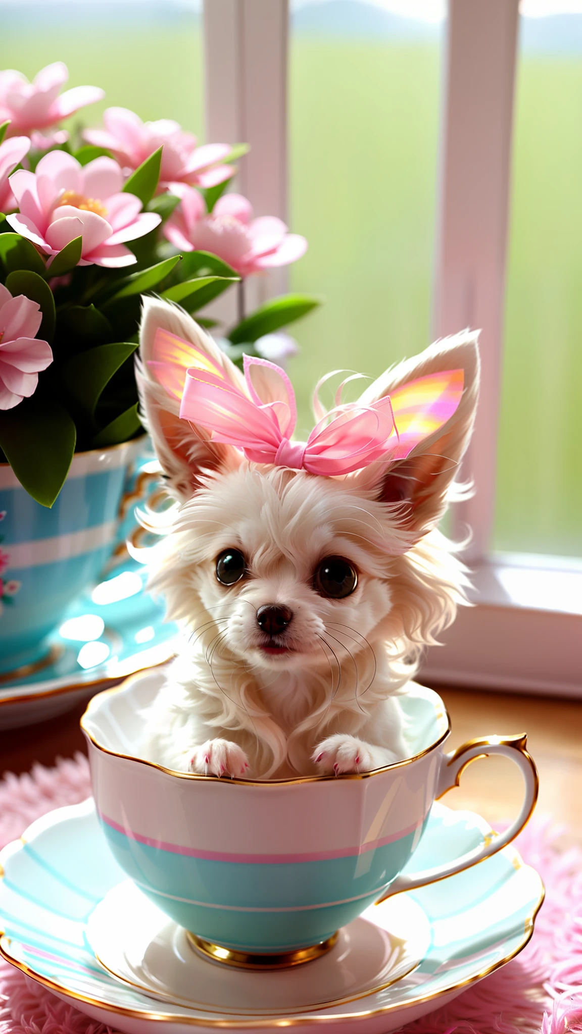 Cute little white chihuahua in teacup, big eyes, 8k, delicate, clear, (pink fluffy hair tail) ((real)), paws sticking out teacup, sticking out tongue, smile, cute hairpins, ((cute)), (small)), professional photographer, professional photography, (((fluffy hair)), antique plate with good texture, (face sticking out of teacup), indoors, sunlight, light leakage, realistic like photos, curly hair worn on ears, pink