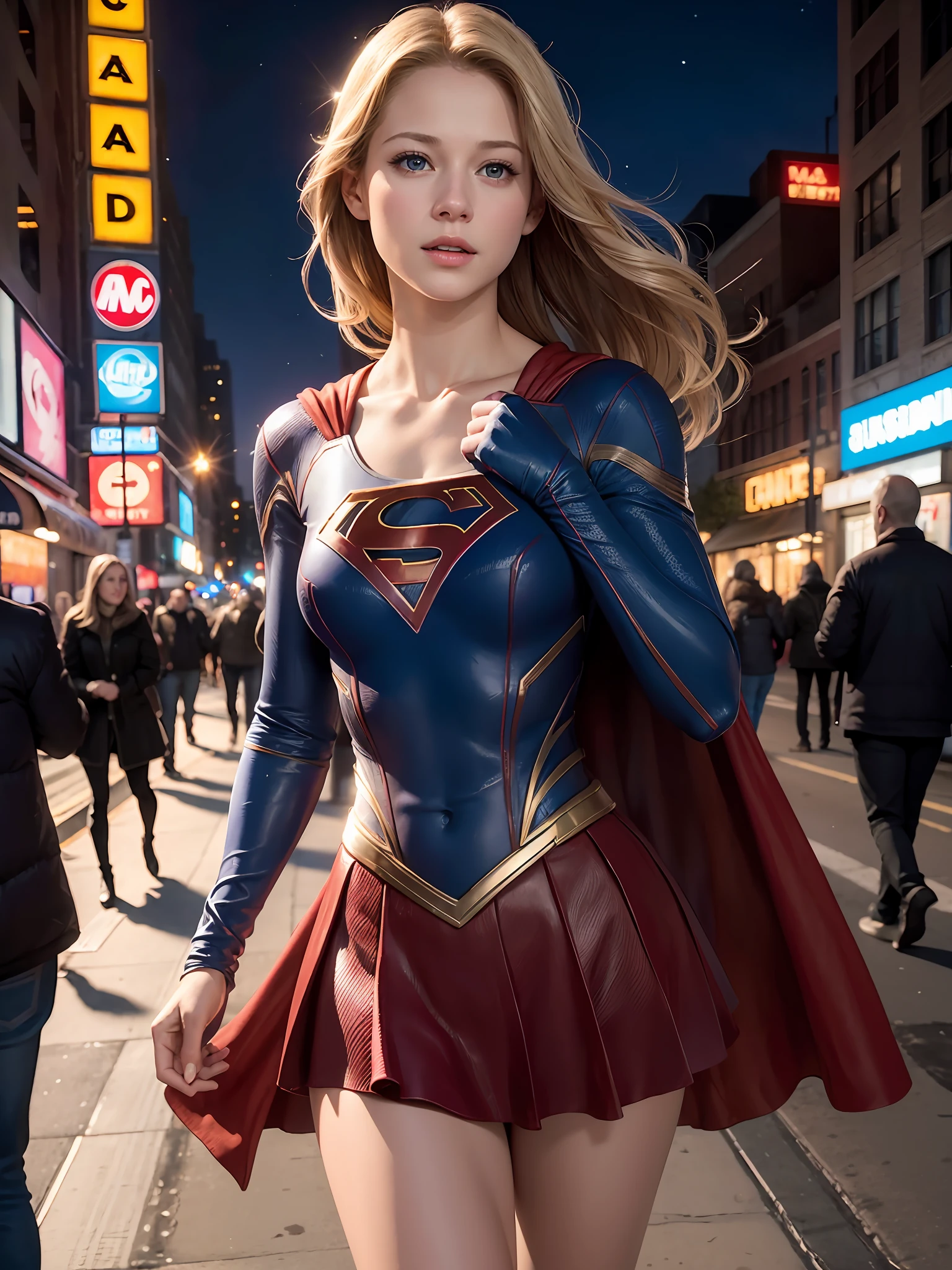 Uhd, ultra realistic, masterpiece, Melissa Benoist, in supergirl costume, blonde, in the streets of New York, blue eyes, perfect body, night, thin, breasts, strong lighting