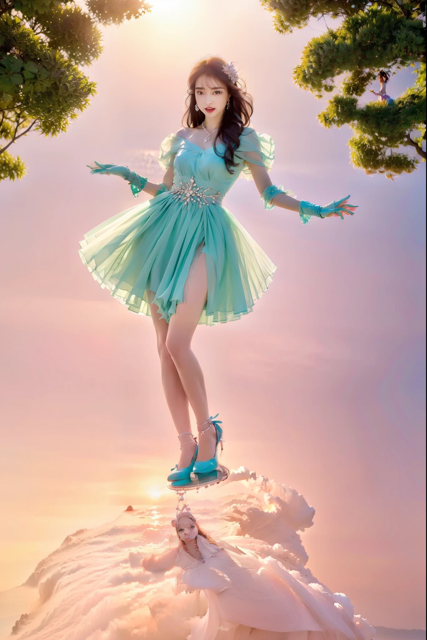 High contrast, (8K wallpapers: 1.3), realistic, octane rendering, realistic, (realistic face: 1.2), sharp focus, (masterpiece), (best quality), (mirror lighting: 1.5), light on the face, (goddess, flowing long hair: 1.3), noble and gorgeous, 1 goddess, (standing by the water: 1.4), reflection, real, slim figure, sky blue and light pink evening dress, crystal necklace, gorgeous fabric, diamond earrings, metal bracelet, atmospheric walking posture, red lips, High heels, pink stockings, lighting effects, shimmering light, blue sky, desert, (gorgeous:1.2), (elegant:1.1), (confident:1.1)