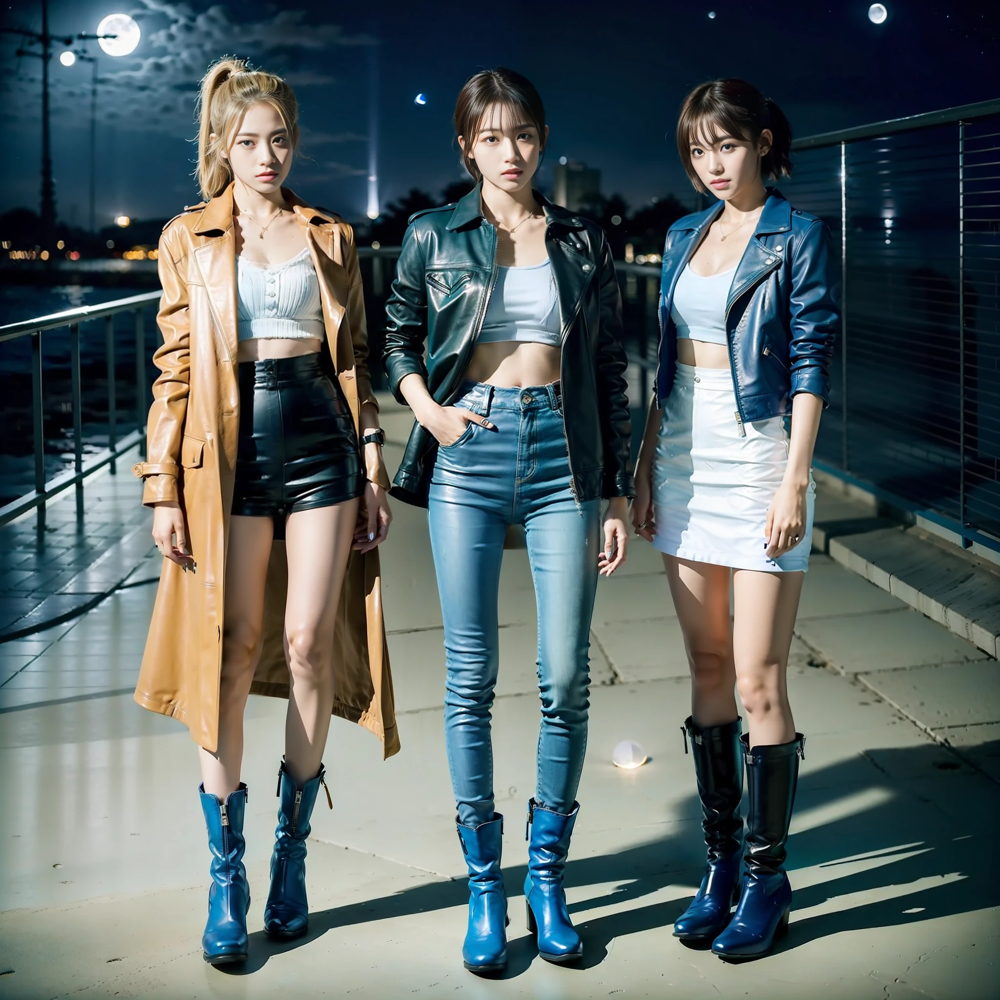 (((3girls)))), ((Masterpiece)))), ((highest quality)))), (8KUHD)))), (Ultra High Definition))))), (Japan Female), (Beauty)))))), 18 years old, (Boyish)))), (Wild)), (Super tall)))), ((Super big) )))), looking at the camera, (((((All Blue)))), ((All light blue)))), (Short cut)))))), (Riders jacket)))))), (Leather pants)))), (Leather boots)))), (Standing figure)), (((Moonlight)))