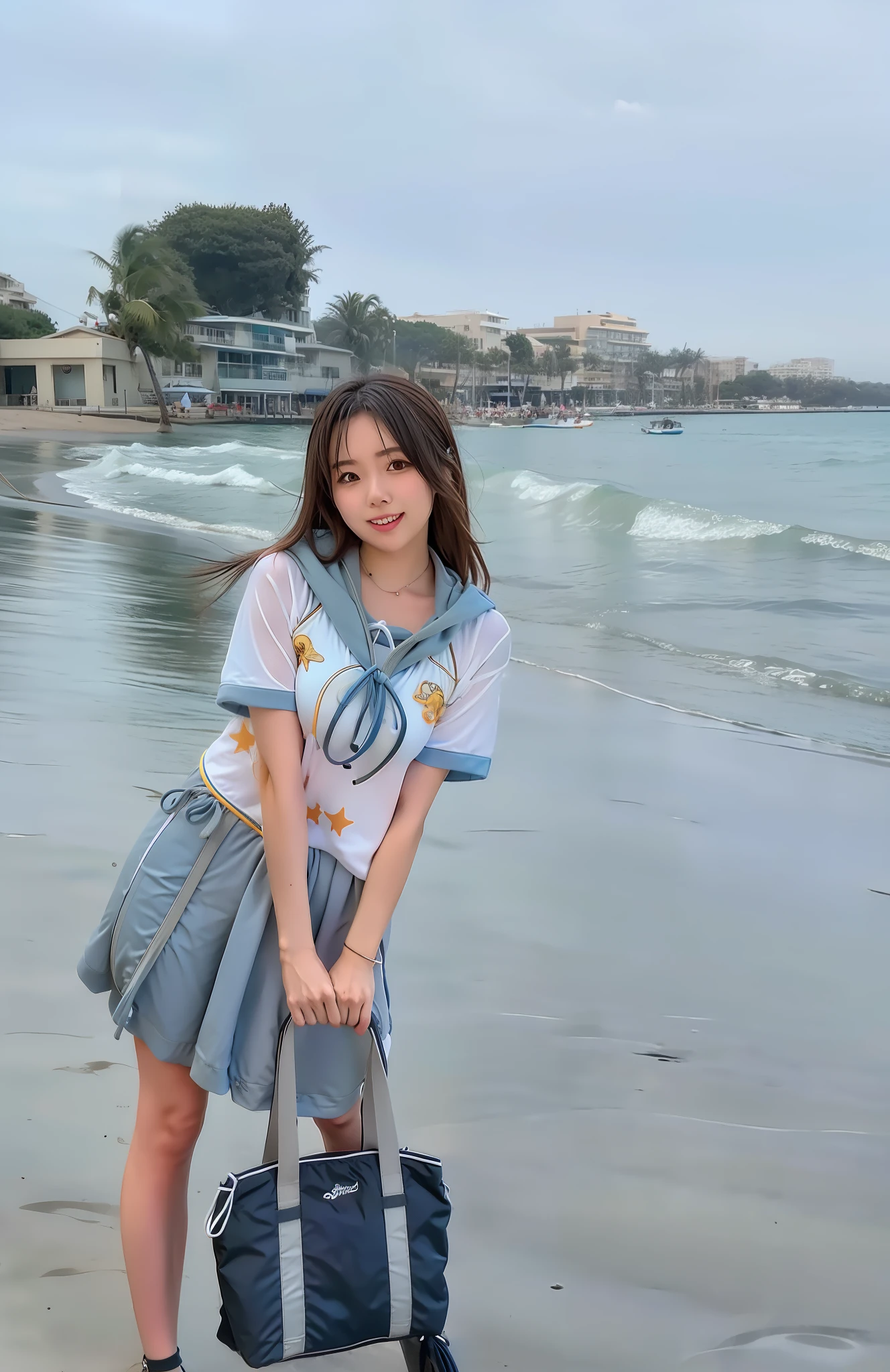 Woman in bikini holding blue bag on beach, bikini, Kantai style, swimsuit, Sakimichan HDRI,