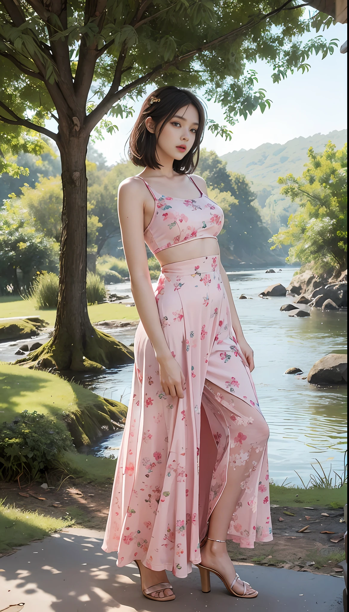 Two girls in pink floral long dress dancing, full body, with cut T-shirt, bra, slim figure, (hairstyle casual, no leaky big breasts: 1.3), slim girl model, 28 years old female model, beautiful twins, standing under a tree playing guitar, next to a small river