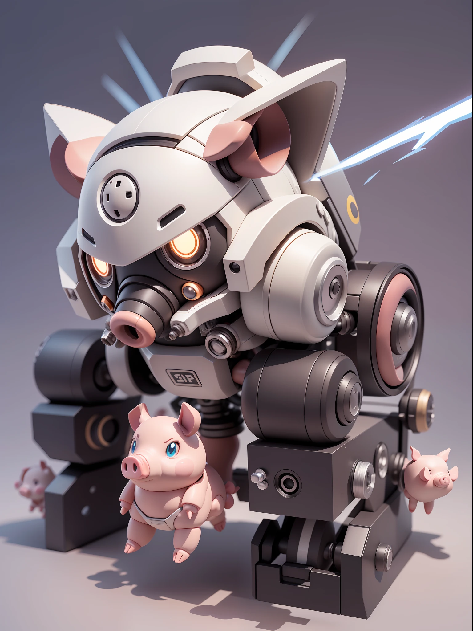 (Mechanical Pig: 1.331), (Mechanical Pig Tail), Cute Style, Small, Big Head, 3D Rendering, ((Q Version)), Pokémon Style, Machine Style, Cinematic Texture, Figures, Pokémon, Movie Lights, Heavy Robotic Arm, Mechanical Belly, Mechanical Legs, Mechanical Legs, Mechanical Feeling, Background Surround Lightning, Spinning, Colorful Lightning, Lightning, Cool, Clean White Background, Ray Tracing, Premium Colors, Full Body 3D Model, Action, Stylish Blind Box Toys. (fill body:1.2)，chibi