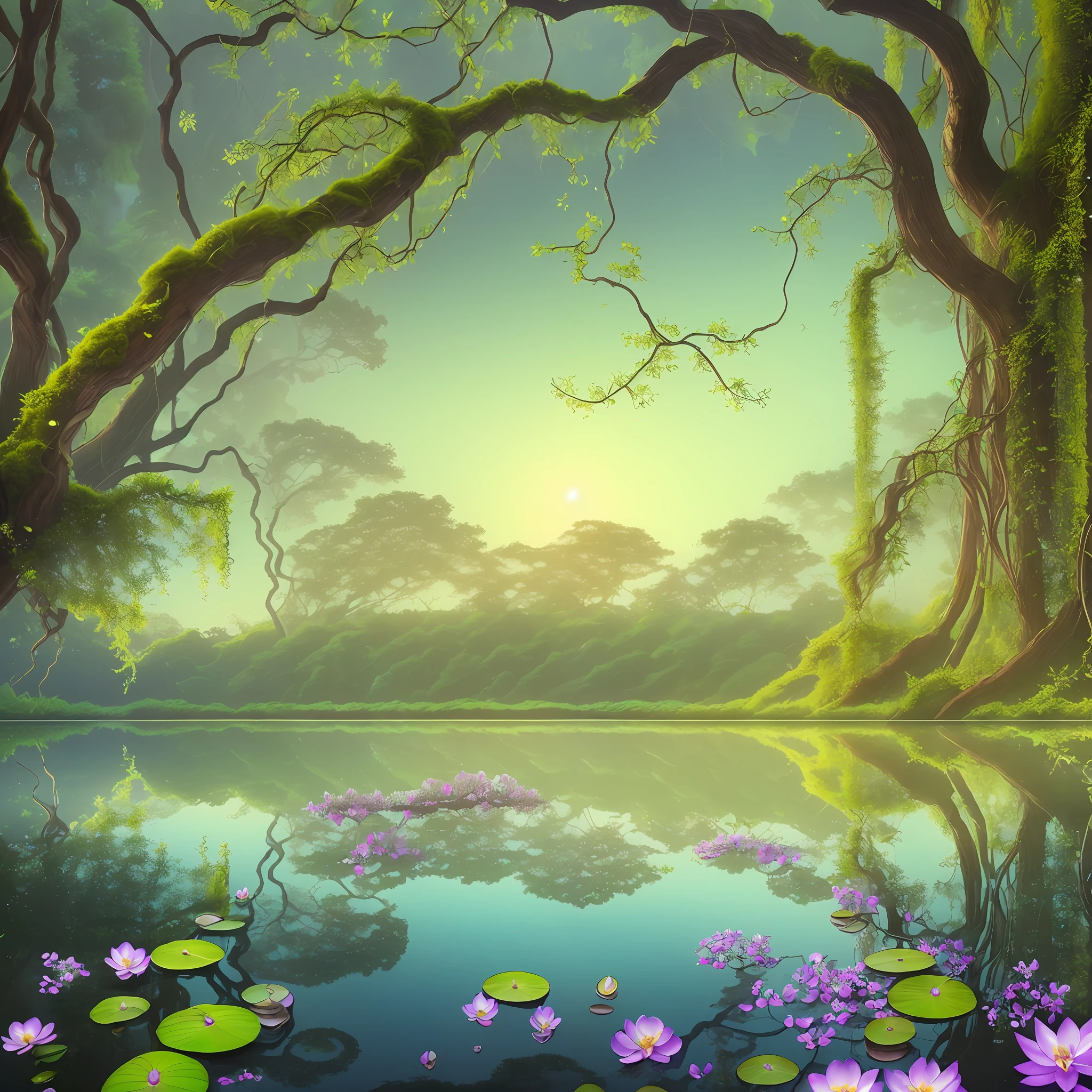 Computer Visualized Graphics, Realistic Fantasy, Extensive Landscape Ultrasound Photography (general view showing water, reflection, roots braiding the glass, orchid inside, tree, moss, water lilies, berries, dawn, fog), blurred background, gloomy, yellow, green, purple background, pink, warm, magic --auto --s2
