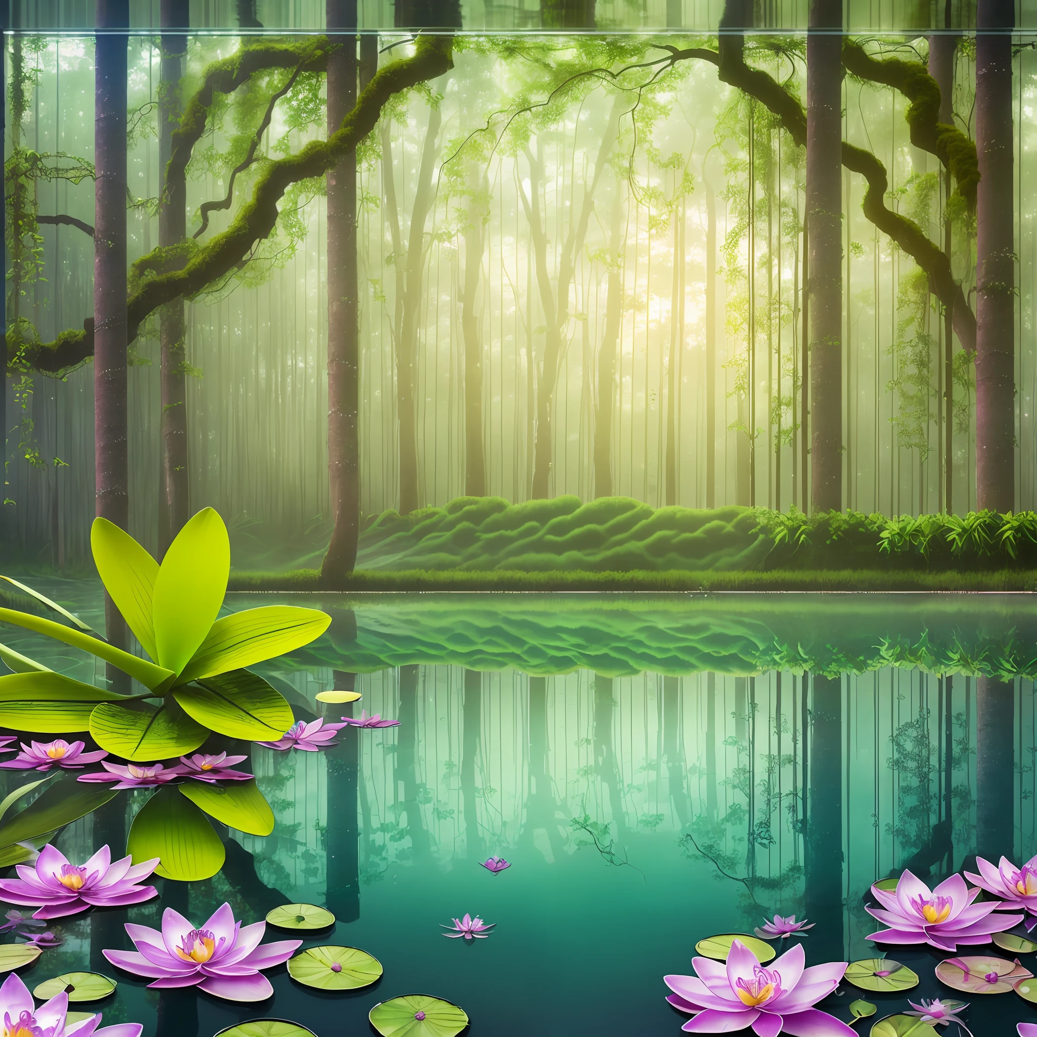 Computer Visualized Graphics, Realistic Fantasy, Extensive Landscape Ultrasound Photography (general view showing water, reflection, roots braiding the glass, orchid inside, tree, moss, water lilies, berries, dawn, fog), blurred background, gloomy, yellow, green, purple background, pink, warm, magic --auto --s2