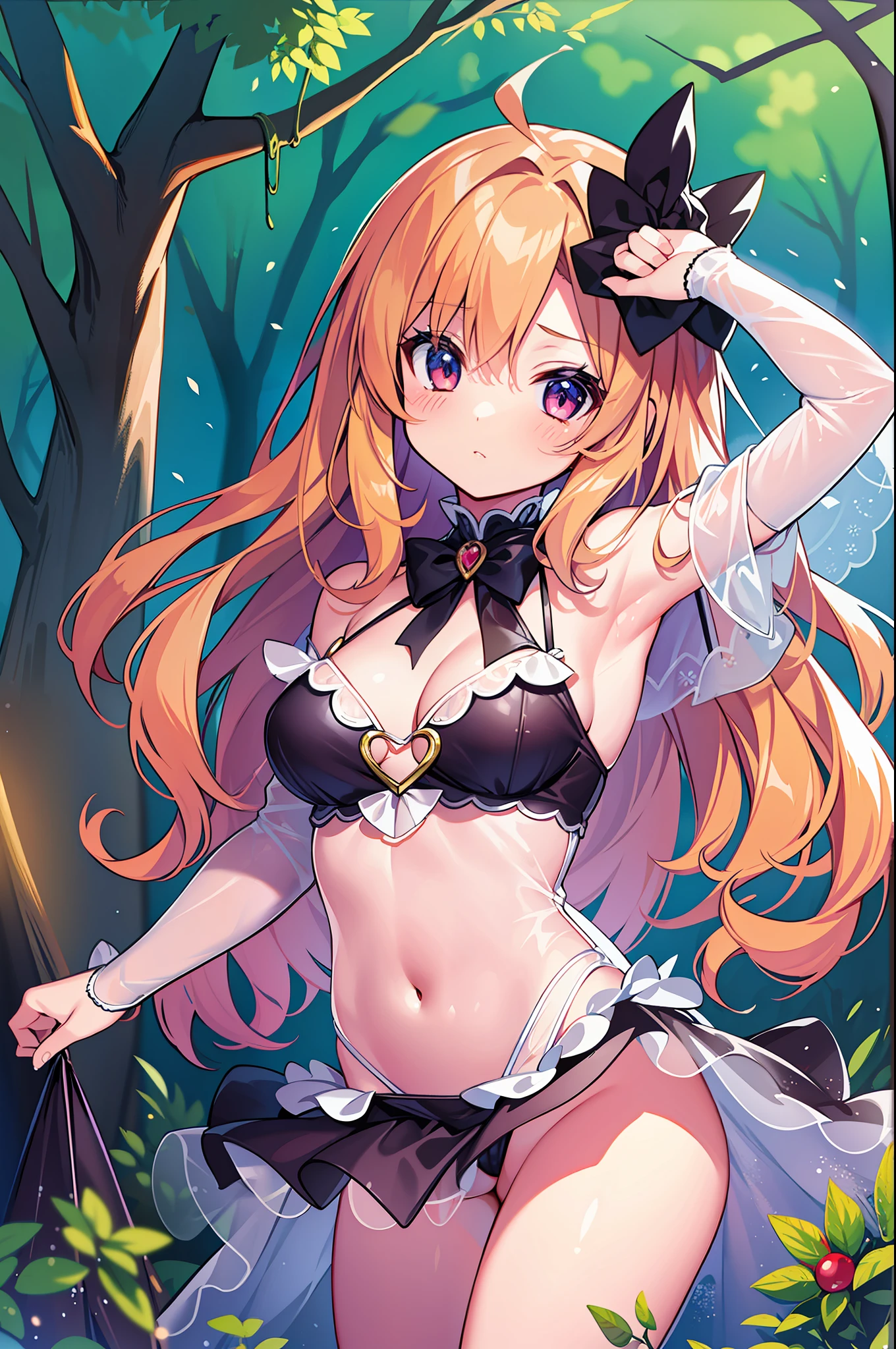 (MASTERPIECE), (Best Quality), (Ultra Detail), (Best Anatomy), Official Art, One Girl, Lori with Light Colored Hair, Petite Girl, Magical Girl, See-Through Witch Costume, Small, Cleavage, Off Shoulder, Underboob, Side Boob, Thigh Focus, Navel Out, POV, Fold Your Hands Behind Your Body, Chest Out, Card Illustration, Deep forest springs