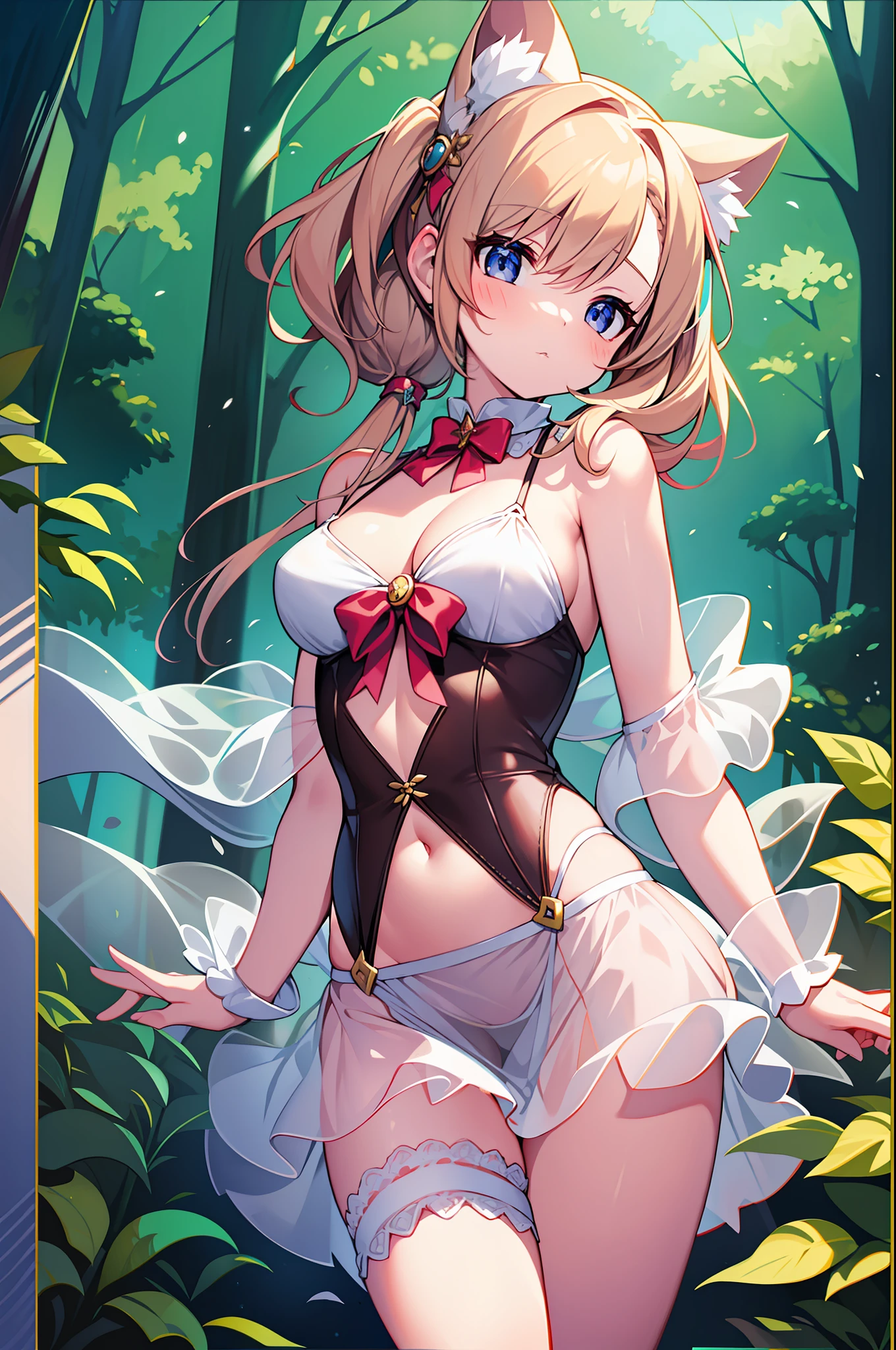 (MASTERPIECE), (Best Quality), (Ultra Detail), (Best Anatomy), Official Art, One Girl, Lori with Light Colored Hair, Petite  Girl, Magical Girl, See-Through Witch Costume, Small, Cleavage, Off Shoulder, Underboob, Side Boob, Thigh Focus, Navel Out, POV, Fold Your Hands Behind Your Body, Chest Out, Card Illustration, Deep forest springs