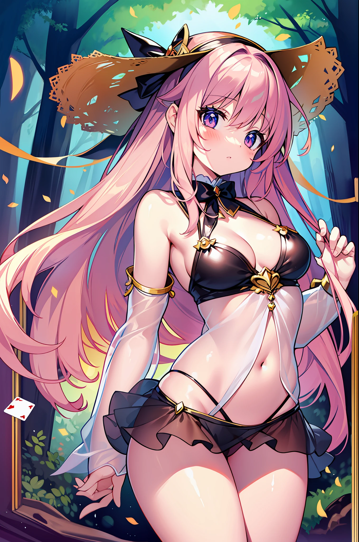 (MASTERPIECE), (Best Quality), (Ultra Detail), (Best Anatomy), Official Art, One Girl, Lori with Light Colored Hair, Petite Little Girl, Magical Girl, See-Through Witch Costume, Small, Cleavage, Off Shoulder, Underboob, Side Boob, Thigh Focus, Navel Out, POV, Fold Your Hands Behind Your Body, Chest Out, Card Illustration, Deep forest springs