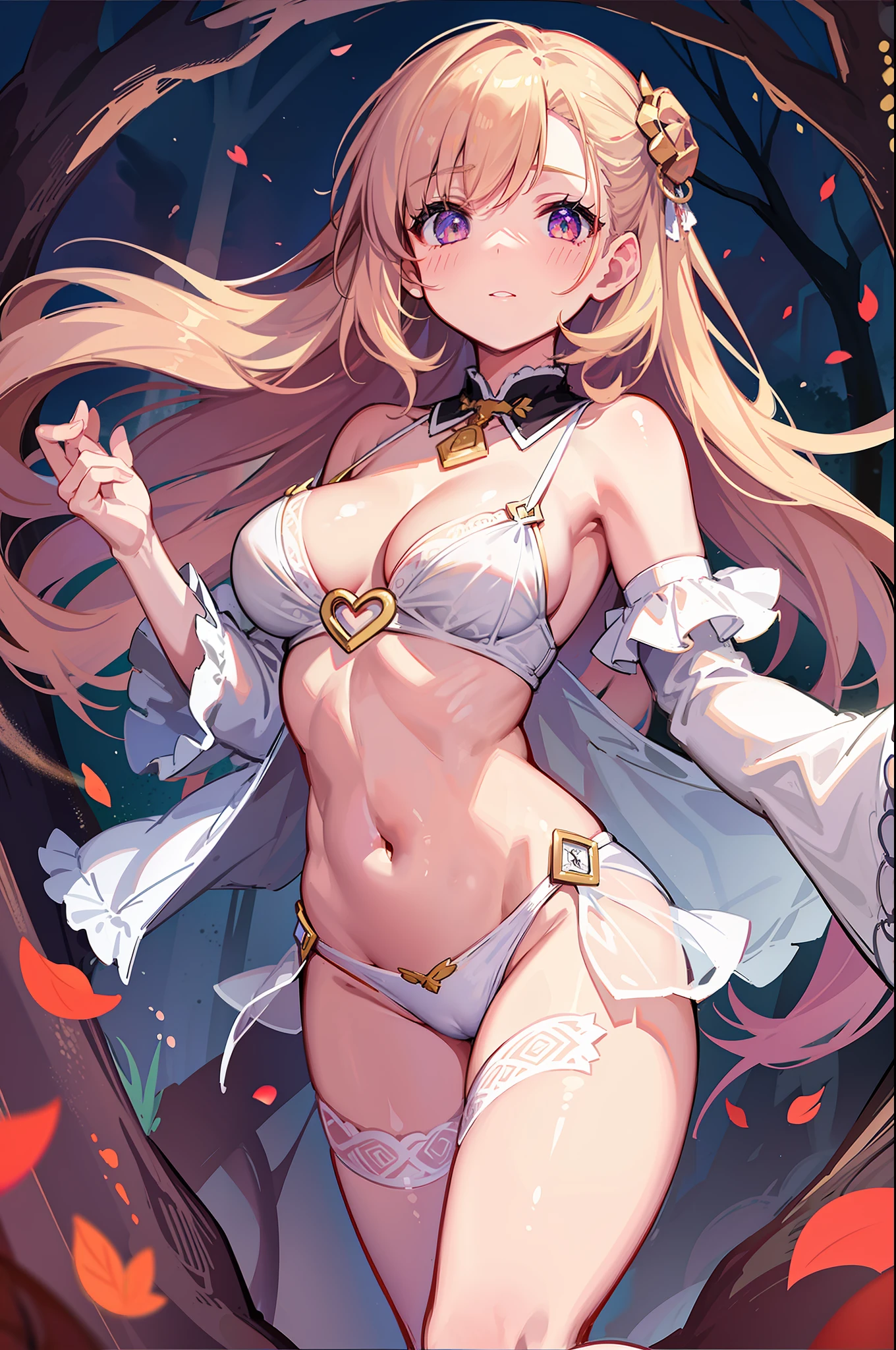 (MASTERPIECE), (Best Quality), (Ultra Detail), (Best Anatomy), Official Art, One Girl, Lori with Light Colored Hair, Petite Little Girl, Magical Girl, See-Through Witch Costume, Small, Cleavage, Off Shoulder, Underboob, Side Boob, Thigh Focus, Navel Out, POV, Fold Your Hands Behind Your Body, Chest Out, Card Illustration, Deep forest springs