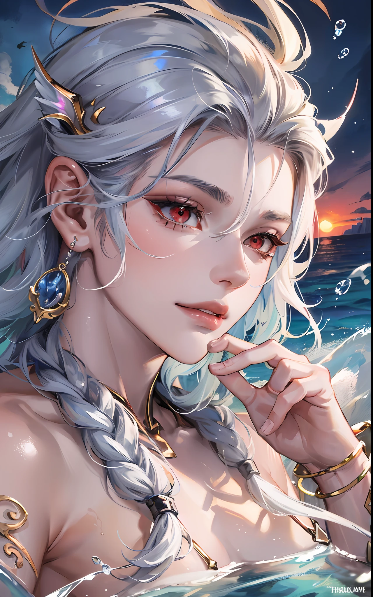 man, masculine, masculine face, attractive, muscular, (((1man))), masterpiece, absurdres, best quality ,intricate details , (shiny skin, shiny body, shiny oily luster skin, shiny hair, pale skintone), Sundown, attractive, ((muscular)), adult, one, earrings, Don't look at the view , Not looking at the view, silver hair, braided hair, perfect detailed face, perfect detailed hands, triton, fins, red eyes, triton ears, ((MLS)), smirk, medium large shoot, marine ornaments, sea in the background, ((in the water))