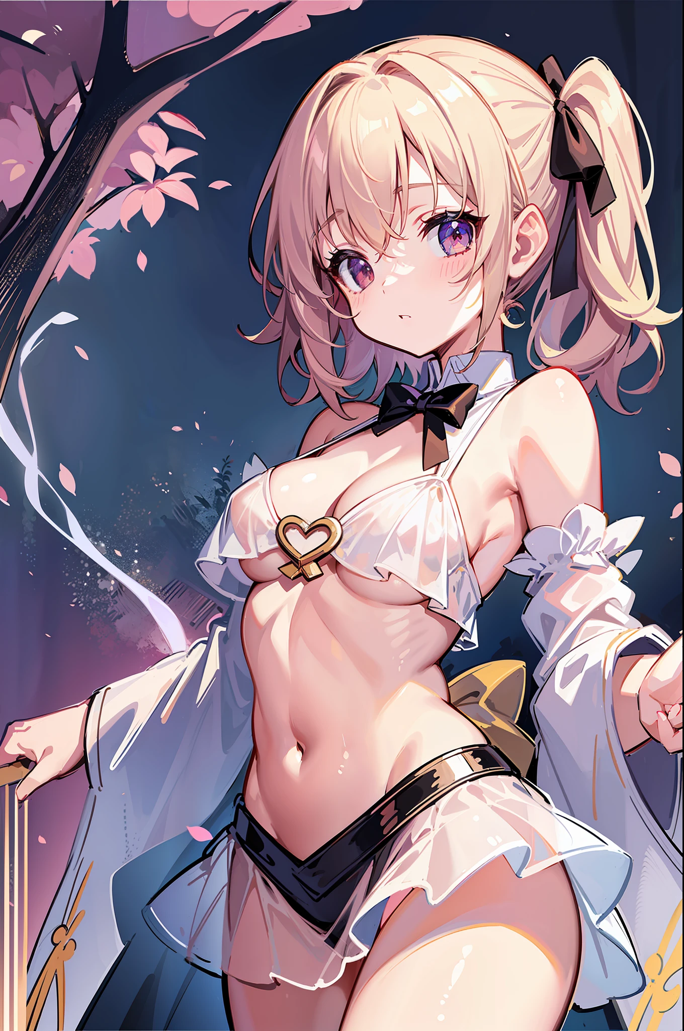 (MASTERPIECE), (Best Quality), (Ultra Detail), (Best Anatomy), Official Art, One Girl, Lori with Light Colored Hair, Petite  Girl, Magical Girl, See-Through Witch Costume, Small, Cleavage, Off Shoulder, Underboob, Side Boob, Thigh Focus, Navel Out, POV, Fold Your Hands Behind Your Body, Chest Out, Card Illustration, Deep forest springs