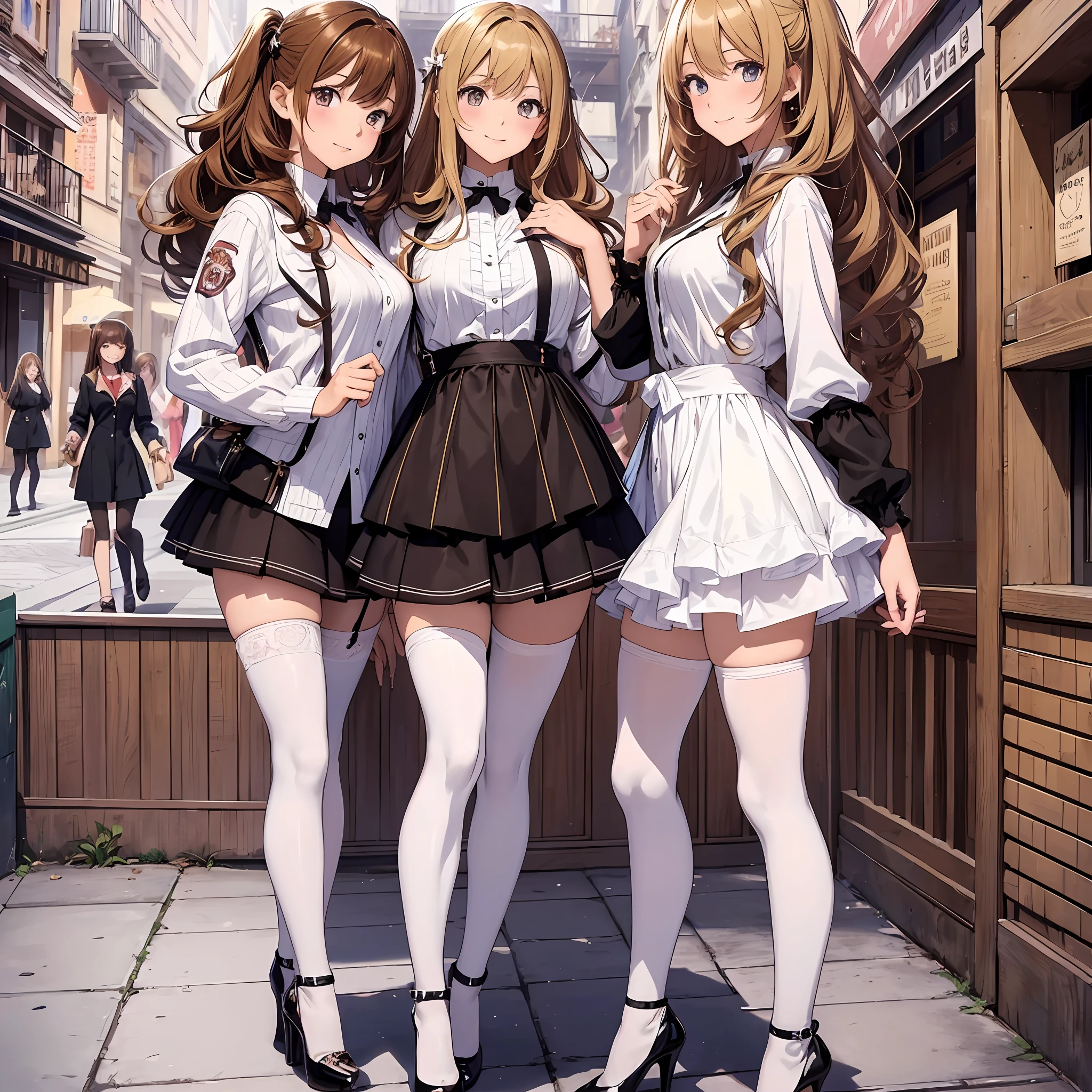 perfect anime illustration, 100girls, all girls are sisters, sisters crowded together, sisters in background, matching hairstyles, rich sisters, brown hair, blonde hair, curly hair, matching hairstyle, hazel eyes, smiling, ((matching outfits, casual clothes, white thigh highs, blaxk high heels)), highres, full body