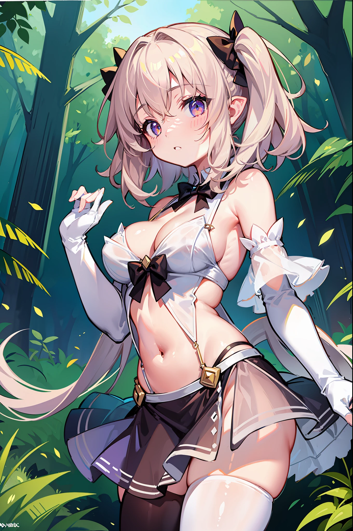 (MASTERPIECE), (Best Quality), (Ultra Detail), (Best Anatomy), Official Art, One Girl, Lori with Light Colored Hair, Petite , Magical Girl, See-Through Witch Costume, Small, Cleavage, Off Shoulder, Underboob, Side Boob, Thigh Focus, Navel Out, POV, Fold Your Hands Behind Your Body, Chest Out, Card Illustration, Deep forest springs