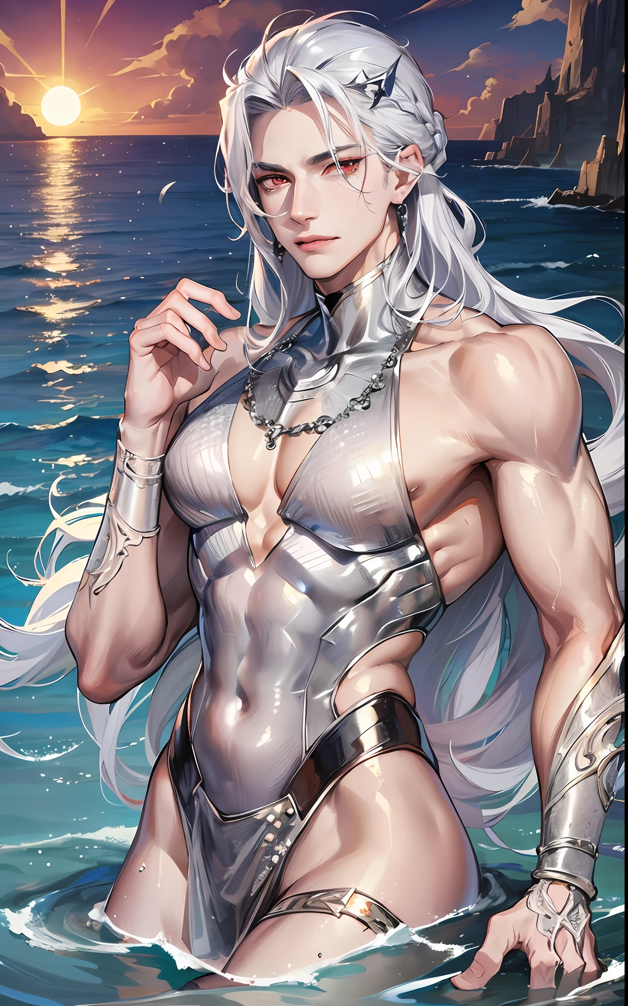 man, masculine, masculine face, attractive, muscular, (((1man))), masterpiece, absurdres, best quality ,intricate details , (shiny skin, shiny body, shiny oily luster skin, shiny hair, pale skintone), Sundown, attractive, ((muscular)), adult, one, earrings, Don't look at the view , Not looking at the view, silver hair, braided hair, perfect detailed face, perfect detailed hands, triton, fins, red eyes, triton ears, ((MLS)), smirk, medium large shoot, marine ornaments, sea in the background, ((in the water))