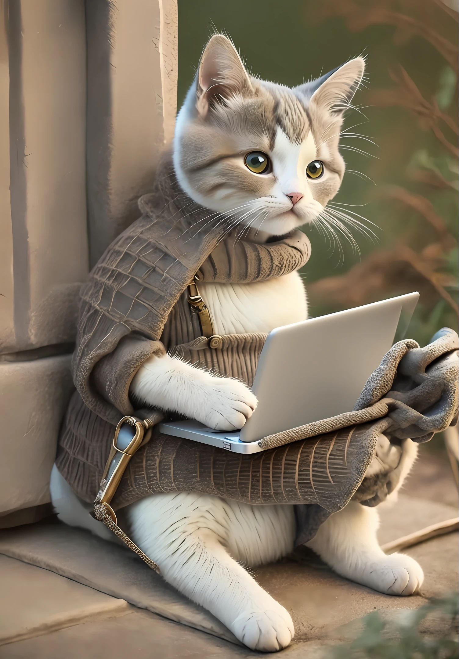a cat wearing medieval armor, sitting fiddling with a laptop --auto --s2