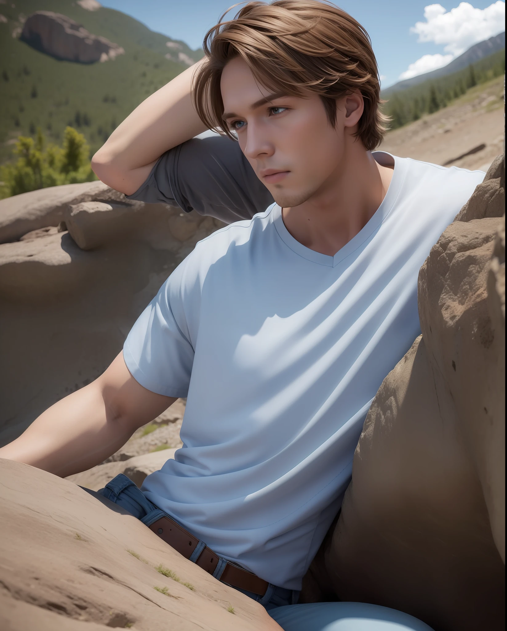 Handsome Logan Miller dressed in jeans shorts. Climbing up a rocky mountain. (side view). Photorealistic style, 8k, detailed face, high quality.
