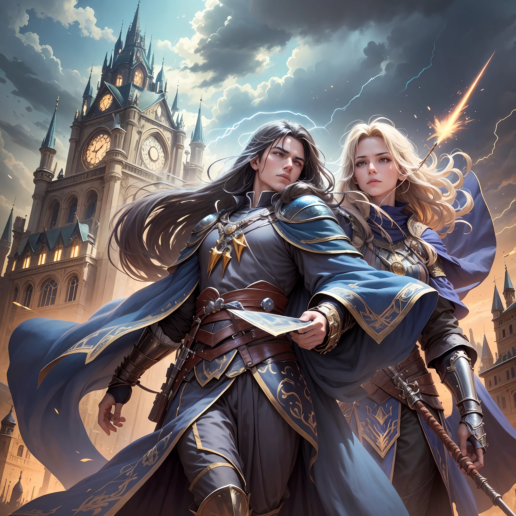 Step 1 - Scene: This is a magical scene with multiple characters in it. The scene features magnificent epic cinematic style buildings and landscapes, including towers, city walls, bridges, meadows, and lakes. There are mysterious clouds and lightning in the sky, as well as the flow and flickering of magical energy.
Step 2 - Labels (relational, noun, verb):
Characters: Many people, male, female, elderly, young
Clothing: magical decorations, ancient costumes, armor, robes, cloaks, boots
Architecture: walls, towers, bridges, palaces, shrines, meadows, lakes
Sky: Clouds, lightning, magical energy
Items: magic staffs, swords, bows and arrows, shields, magic crystals, books
Actions: casting, fighting, running, jumping, flying, resting, talking, thinking, observing
Step 3 - tag:
Characters: Multiple characters, male, female, elderly, young
Clothing: magical decoration, ancient attire, armor, --auto --s2