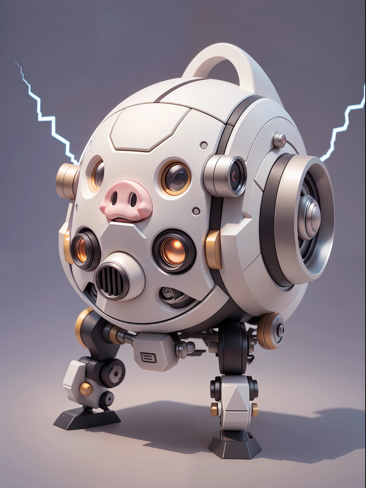 (Mechanical Pig: 1.331), (Mechanical Pig Tail), Cute Style, Small, Big Head, 3D Rendering, ((Q Version)), Pokémon Style, Machine Style, Cinematic Texture, Figures, Pokémon, Movie Lights, Heavy Robotic Arm, Mechanical Belly, Mechanical Legs, Mechanical Legs, Mechanical Feeling, Background Surround Lightning, Spinning, Colorful Lightning, Lightning, Cool, Clean White Background, Ray Tracing, Premium Colors, Full Body 3D Model, Action, Stylish Blind Box Toys. (fill body:1.2)，chibi