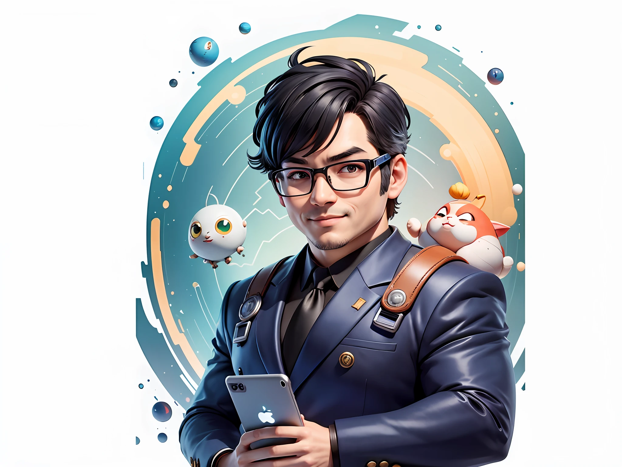 Masterpiece), (Excellent), (Super Meticulous), (Full Body: 1.2), Super Young Woman, Beautiful, Sexy, Bursting, Oriental Face, TV Anchor, Bust Portrait Illustration, Alone, Black Suit, Blue Tie, Silver Glasses, Slightly Chubby Face, Very Clean Face, No Beard, Black Super Short Hair, Black Eyes, Confident Smile, 3c Computer Sub-Products, iPad, iPhone, Digital Painting, 3D Character Design by Akira Toriyama with Mark Claireden and Pixar and Hayao Miyazaki, The illustration is a high-definition illustration in 4K resolution with very detailed facial features and cartoon-style visuals.
