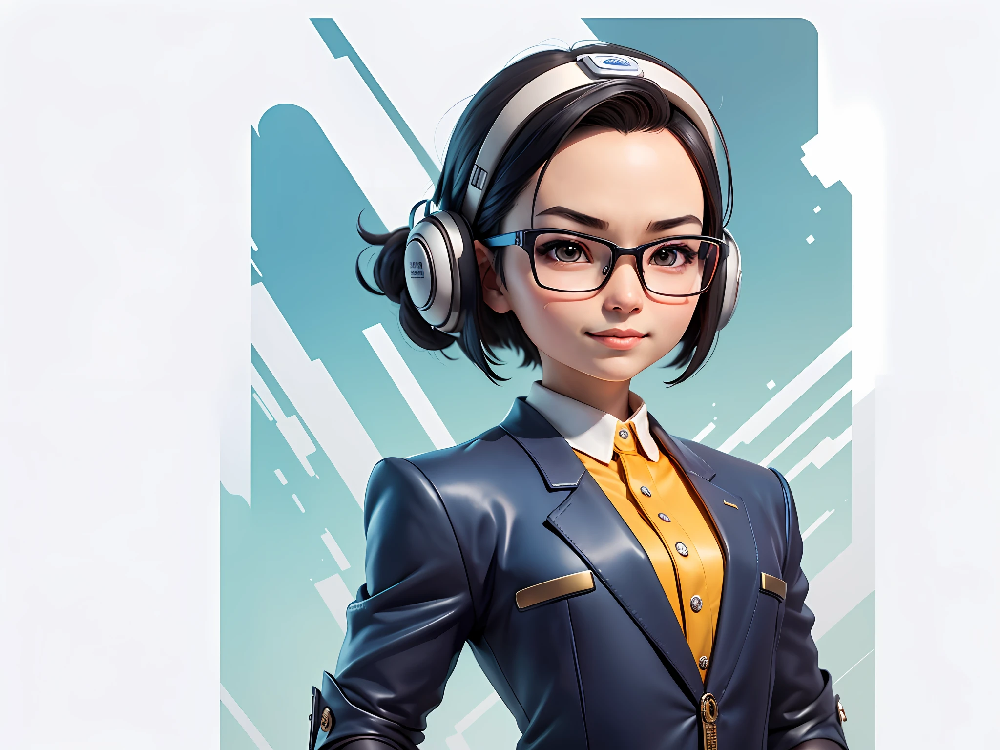 Masterpiece), (Excellent), (Super Meticulous), (Full Body: 1.2), Super Young Woman, Beautiful, Sexy, Bursting, Oriental Face, TV Anchor, Bust Portrait Illustration, Alone, Black Suit, Blue Tie, Silver Glasses, Slightly Chubby Face, Very Clean Face, No Beard, Black Super Short Hair, Black Eyes, Confident Smile, 3c Computer Sub-Products, iPad, iPhone, Digital Painting, 3D Character Design by Akira Toriyama with Mark Claireden and Pixar and Hayao Miyazaki, The illustration is a high-definition illustration in 4K resolution with very detailed facial features and cartoon-style visuals.