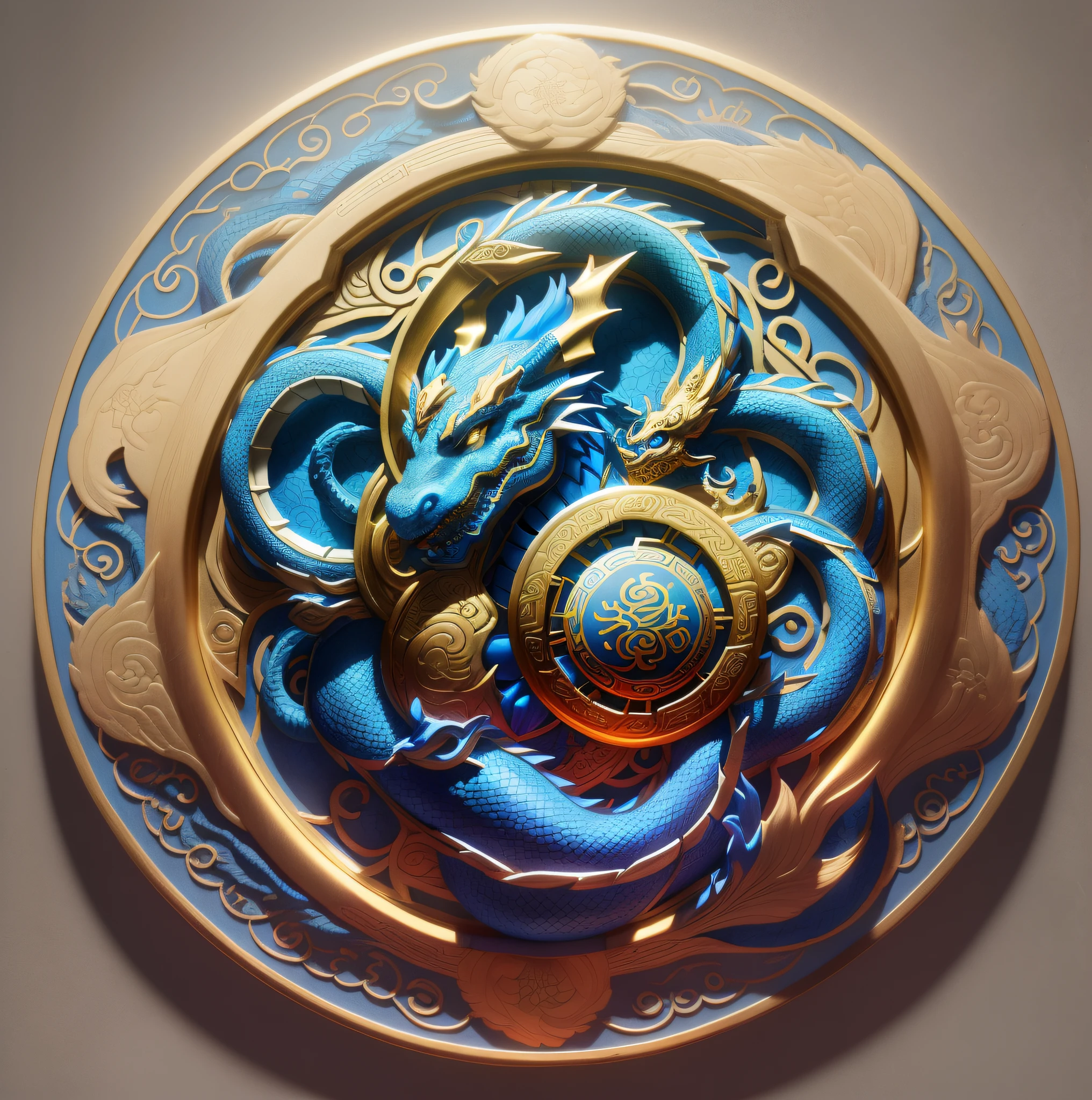 Circular medallion, a Chinese blue dragon, golden rim, four blue jewels, chinese, ancient self relief, smooth chinese dragon, shenron, dragon centered --auto --s2