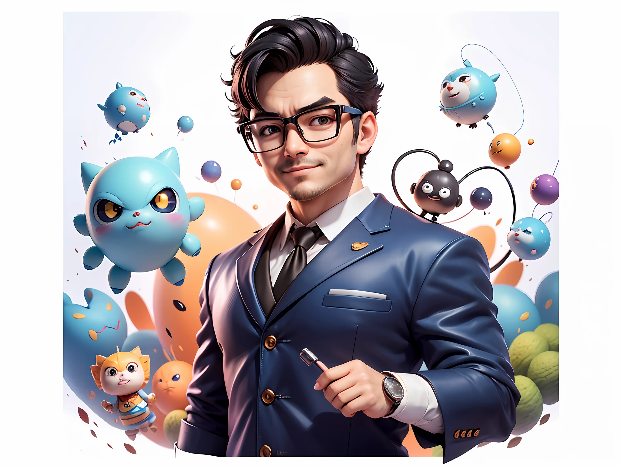 Masterpiece), (Excellent), (Super Meticulous), (Full Body: 1.2), Super Young Woman, Beautiful, Sexy, Bursting, Oriental Face, TV Anchor, Bust Portrait Illustration, Alone, Black Suit, Blue Tie, Silver Glasses, Slightly Chubby Face, Very Clean Face, No Beard, Black Super Short Hair, Black Eyes, Confident Smile, 3c Computer Sub-Products, iPad, iPhone, Digital Painting, 3D Character Design by Akira Toriyama with Mark Claireden and Pixar and Hayao Miyazaki, The illustration is a high-definition illustration in 4K resolution with very detailed facial features and cartoon-style visuals.
