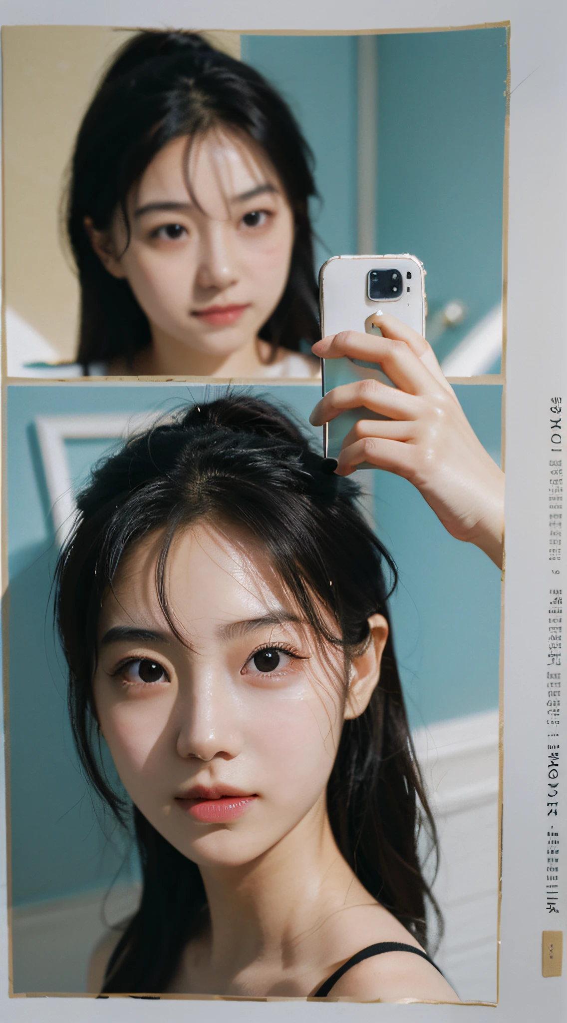 Best Quality, Masterpiece, Ultra High Resolution, (Realistic: 1.4), Original Photo, Wallpaper, Head Photo, Skin, Simple Background, Black Eyes, Detail, Selfie, 1 Girl, 18 Years Old, Breeze, Sunshine, Bathroom,