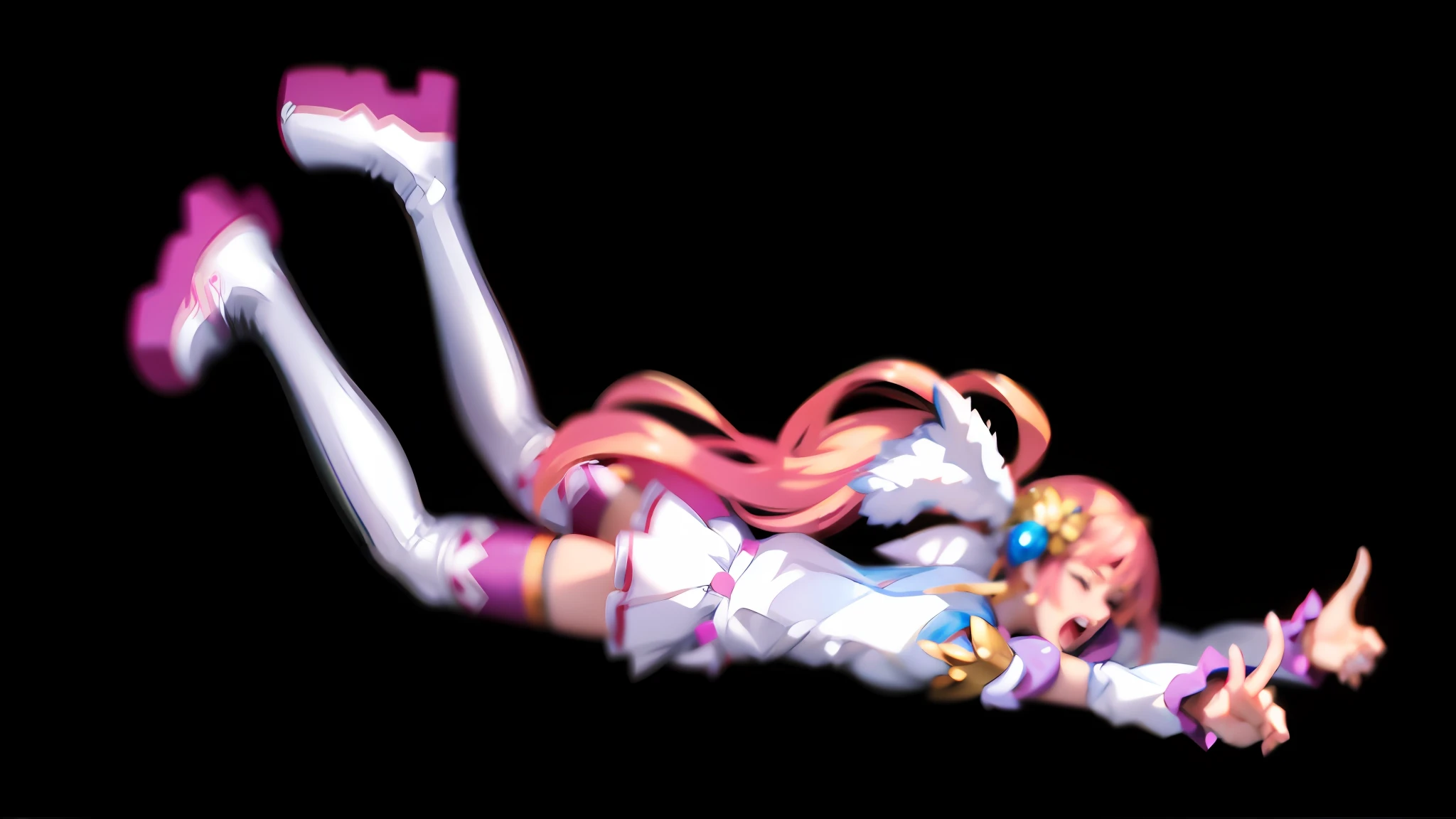 (lora:QuickHand:1.2), (Masterpiece: 1.5), (Best quality: 1.5), 8k, (Perfect Hand: 1.5), 1 girl, Perfect hand, (closed eyes: 1.5), open mouth, scream, pink hair, single ponytail, white top, pink pleated skirt, pink over-the-knee socks, white long boots, (no background: 1.5), skinny legs, fall