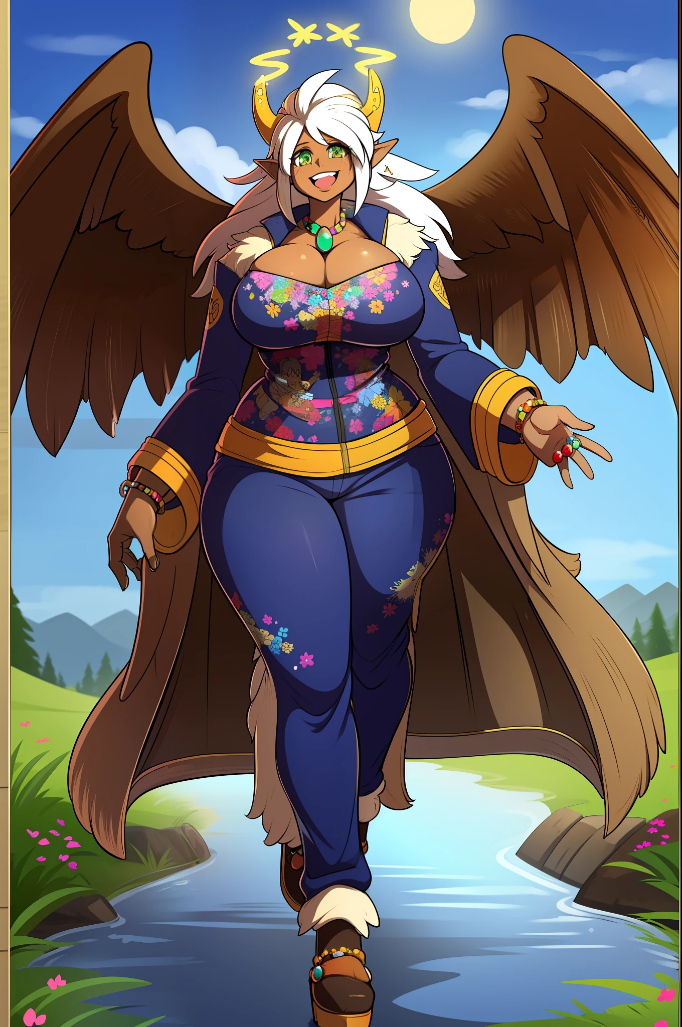 monster girl, dark-skinned woman, big chest, wings, happy,, coat jacket, pants, portrait, 1character, full body, walking, long dress, medieval, village, farm, halo