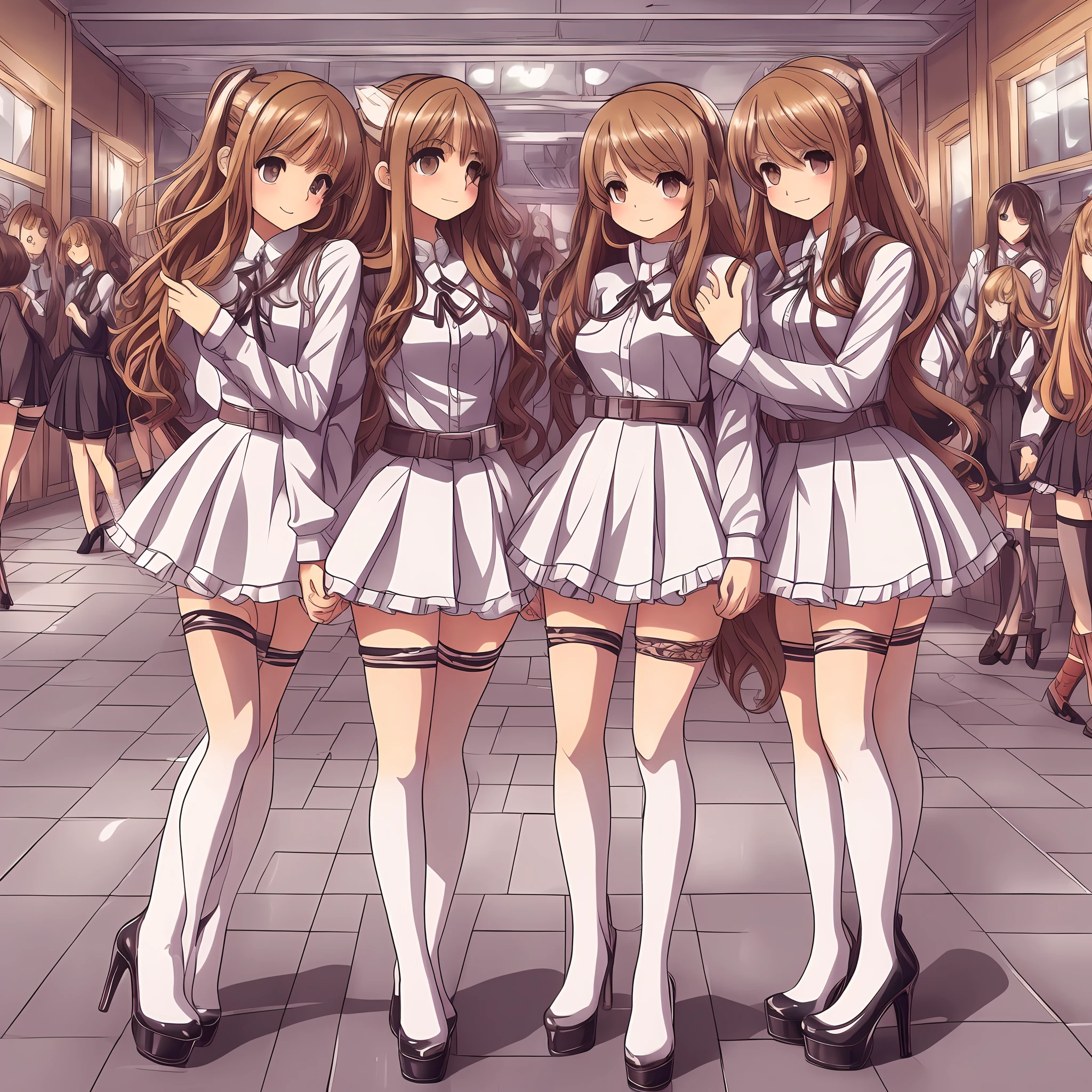 perfect anime illustration, 100girls, all girls are sisters, sisters crowded together, sisters in background, matching hairstyles, rich sisters, brown hair, blonde hair, curly hair, matching hairstyle, hazel eyes, smiling, ((matching outfits, casual clothes, white thigh highs, blaxk high heels)), highres, full body --auto --s2