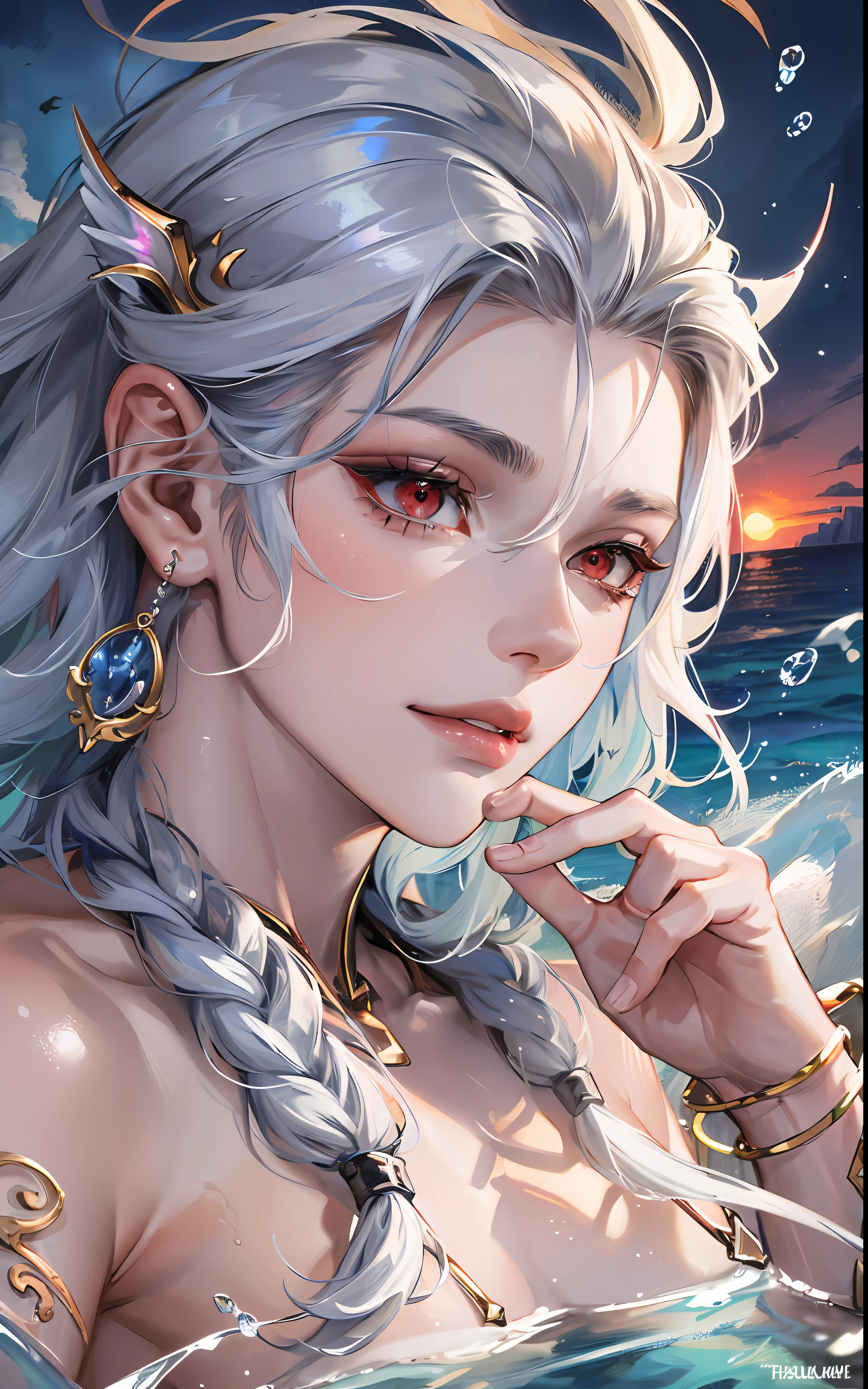 man, masculine, masculine face, attractive, muscular, (((1man))), masterpiece, absurdres, best quality ,intricate details , (shiny skin, shiny body, shiny oily luster skin, shiny hair, pale skintone), Sundown, attractive, ((muscular)), adult, one, earrings, Don't look at the view , Not looking at the view, silver hair, braided hair, perfect detailed face, perfect detailed hands, triton, fins, red eyes, triton ears, ((MLS)), smirk, medium large shoot, marine ornaments, sea in the background, ((in the water))