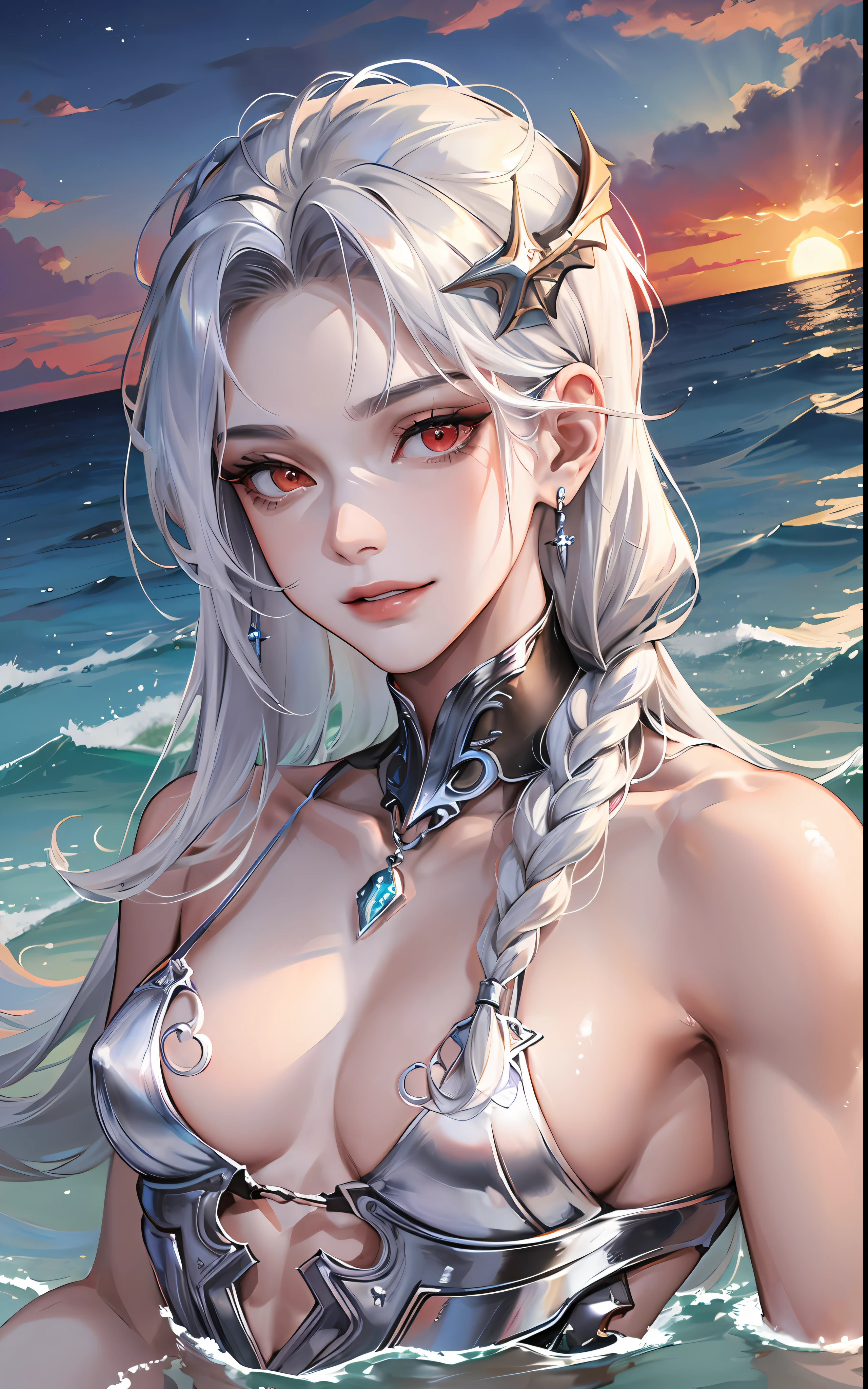 man, masculine, masculine face, attractive, muscular, (((1man))), masterpiece, absurdres, best quality ,intricate details , (shiny skin, shiny body, shiny oily luster skin, shiny hair, pale skintone), Sundown, attractive, ((muscular)), adult, one, earrings, Don't look at the view , Not looking at the view, silver hair, braided hair, perfect detailed face, perfect detailed hands, triton, fins, red eyes, triton ears, ((MLS)), smirk, medium large shoot, marine ornaments, sea in the background, ((in the water))