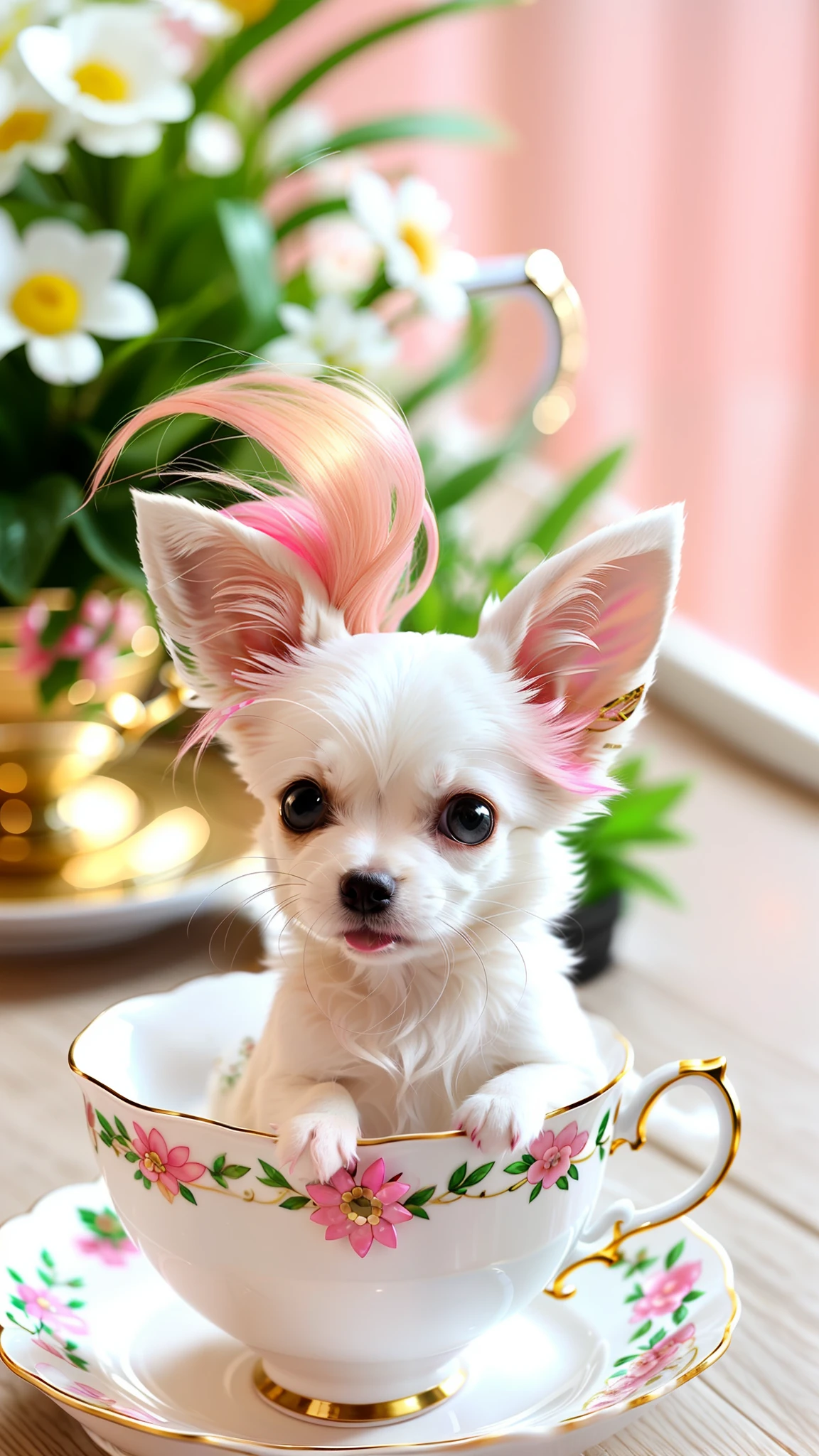 Cute little white Chihuahua in teacup, big eyes, 8k, delicate, clear, (pink fluffy hair tail) ((real)), paws sticking out teacup, sticking out tongue, smile, cute hairpins, ((cute)), ((small)), professional photographer, professional photography, (((hair fluffy)), antique plate with good texture, (face sticking out of teacup), indoors, sunlight, light leakage, realistic like photos, curly hair worn on ears, pink, golden