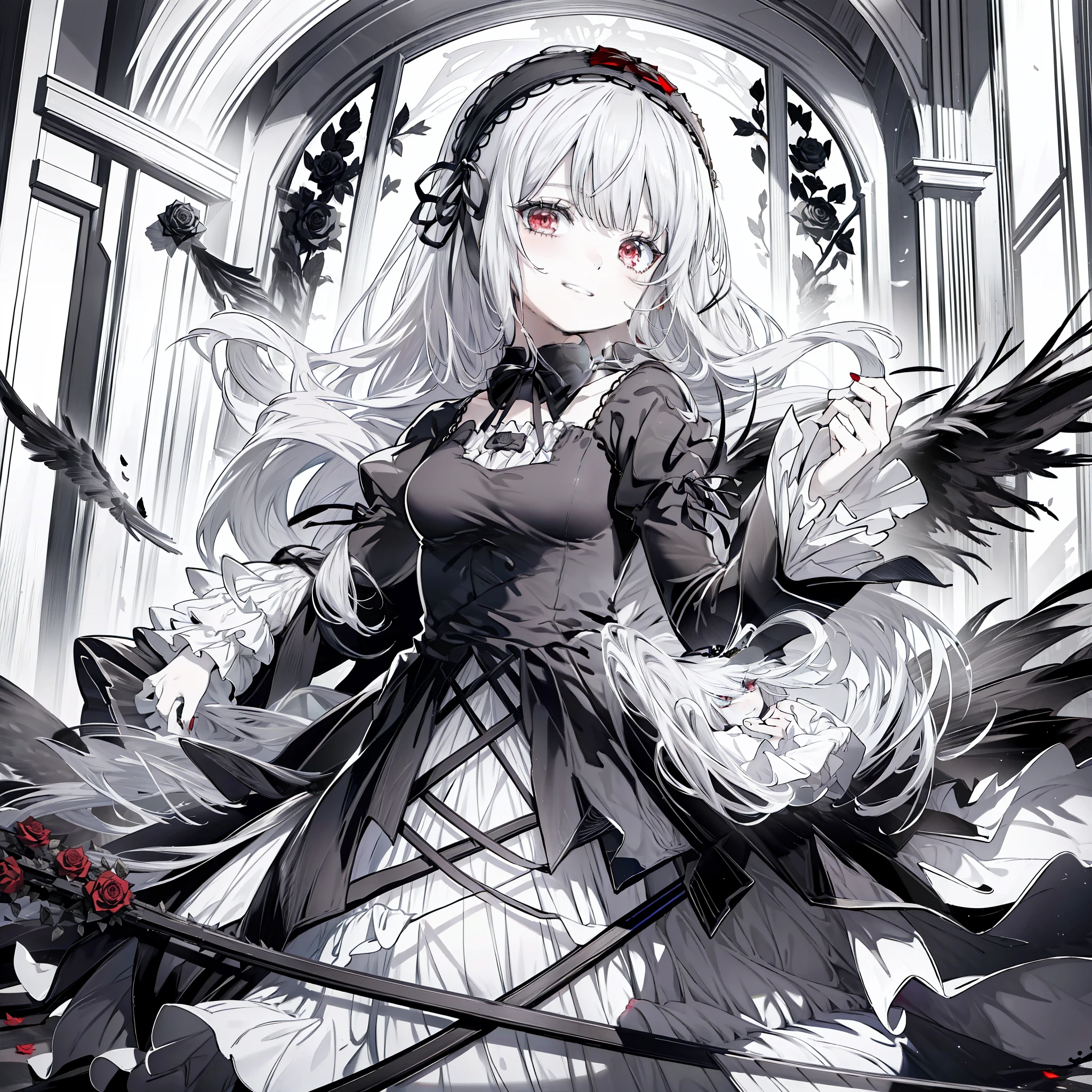 masterpiece, best quality, highres, sui1, 1girl, solo, suigintou, red eyes, long hair, gothic dress, white hair, rose hair ornament, long sleeves, gothic hairband, ribbon, black dress, black wings, cowboy shot, command spell, black magic, black circle,([grinning evily]), church, etching