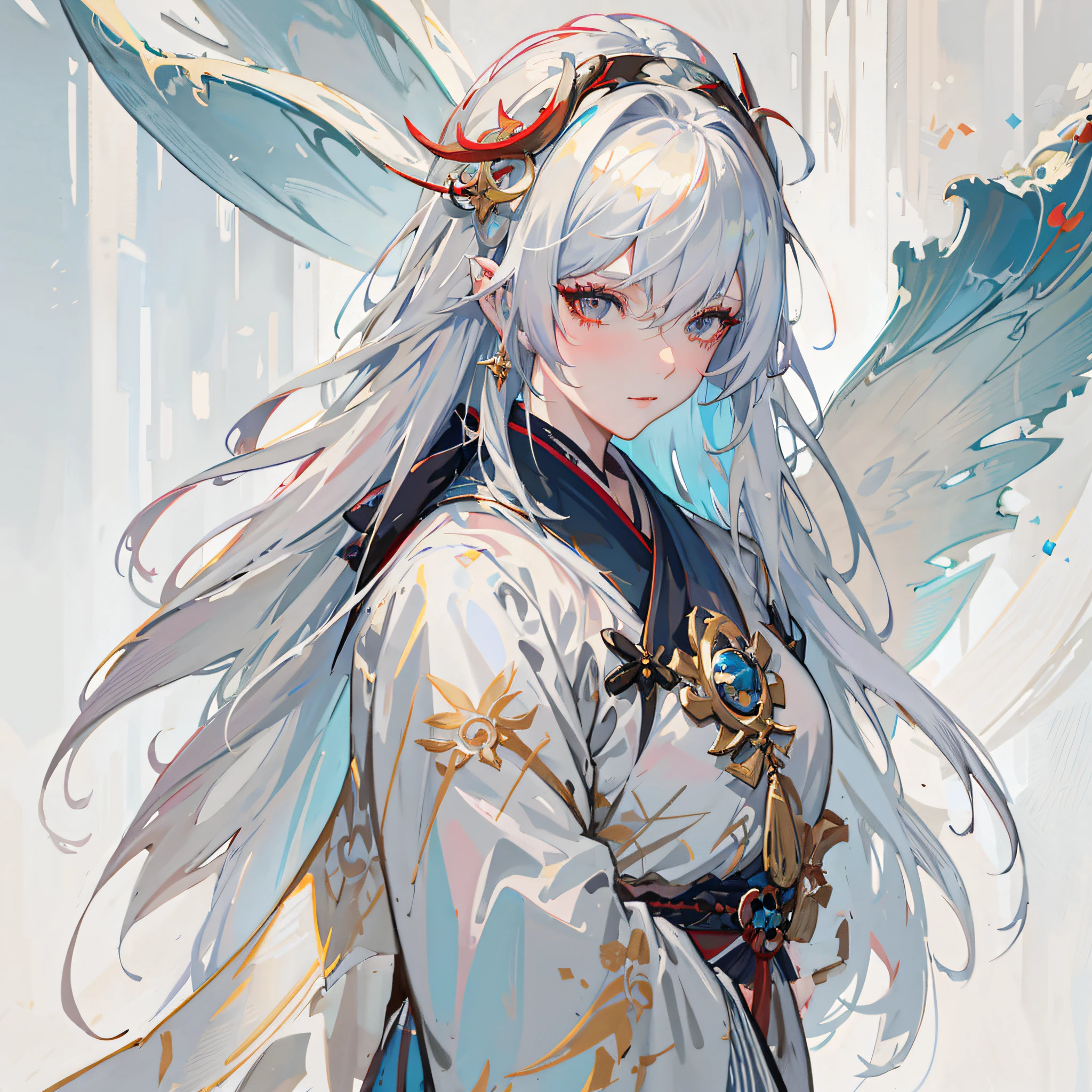 anime - style image of a woman with long white hair and a blue angel wings, white haired deity, onmyoji detailed art, onmyoji portrait, guweiz on pixiv artstation, onmyoji, anime fantasy illustration, detailed digital anime art, trending on artstation pixiv, beautiful character painting, keqing from genshin impact