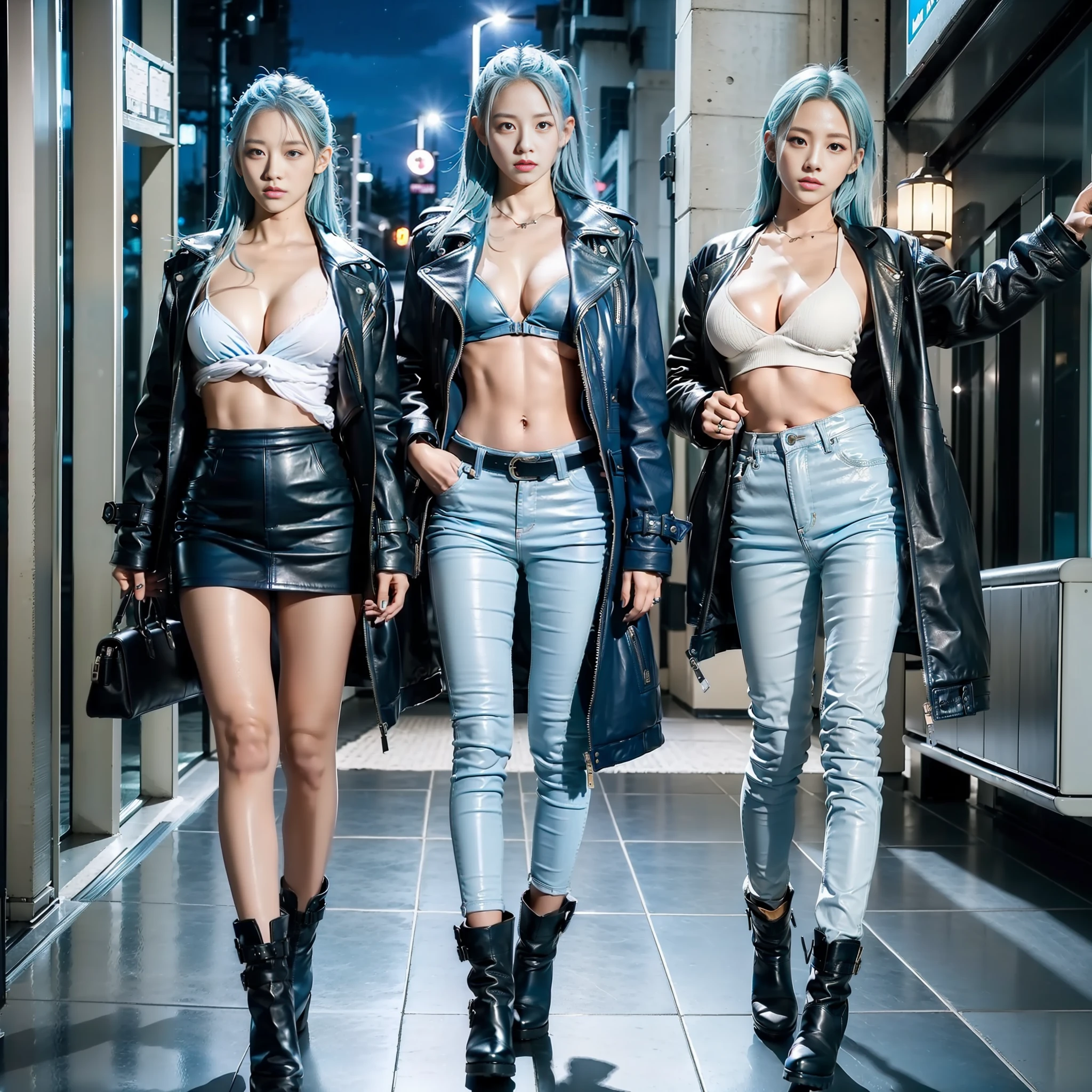 ((((3girls)))), ((All Light Blue)))), (Masterpiece)))), (highest quality)))), (8KUHD)))), (Ultra High Definition))))), (Japan Woman), (Beauty)))))), 18 years old, (Boyish)))), (Erotic))))), ( (super tall))))), ((super big breasts))))), looking at the camera, ((full body)))), (light blue hair)))))), (Riders jacket)))), (Leather pants)))), (Leather boots)))), (Standing figure)))), ((Moonlight)))
