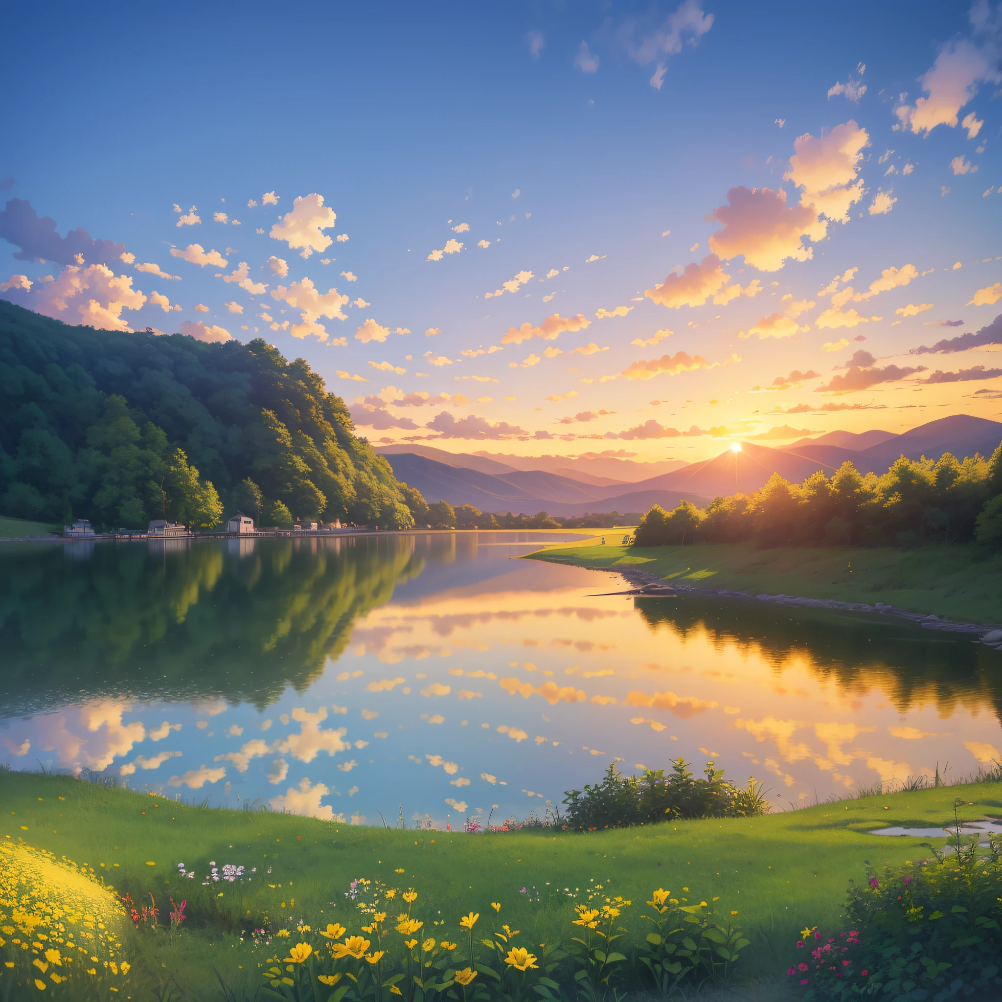 A picturesque setting, with a sunrise or a beautiful sunset in a naturally inspiring location such as a beach, a mountain or a verdant field.