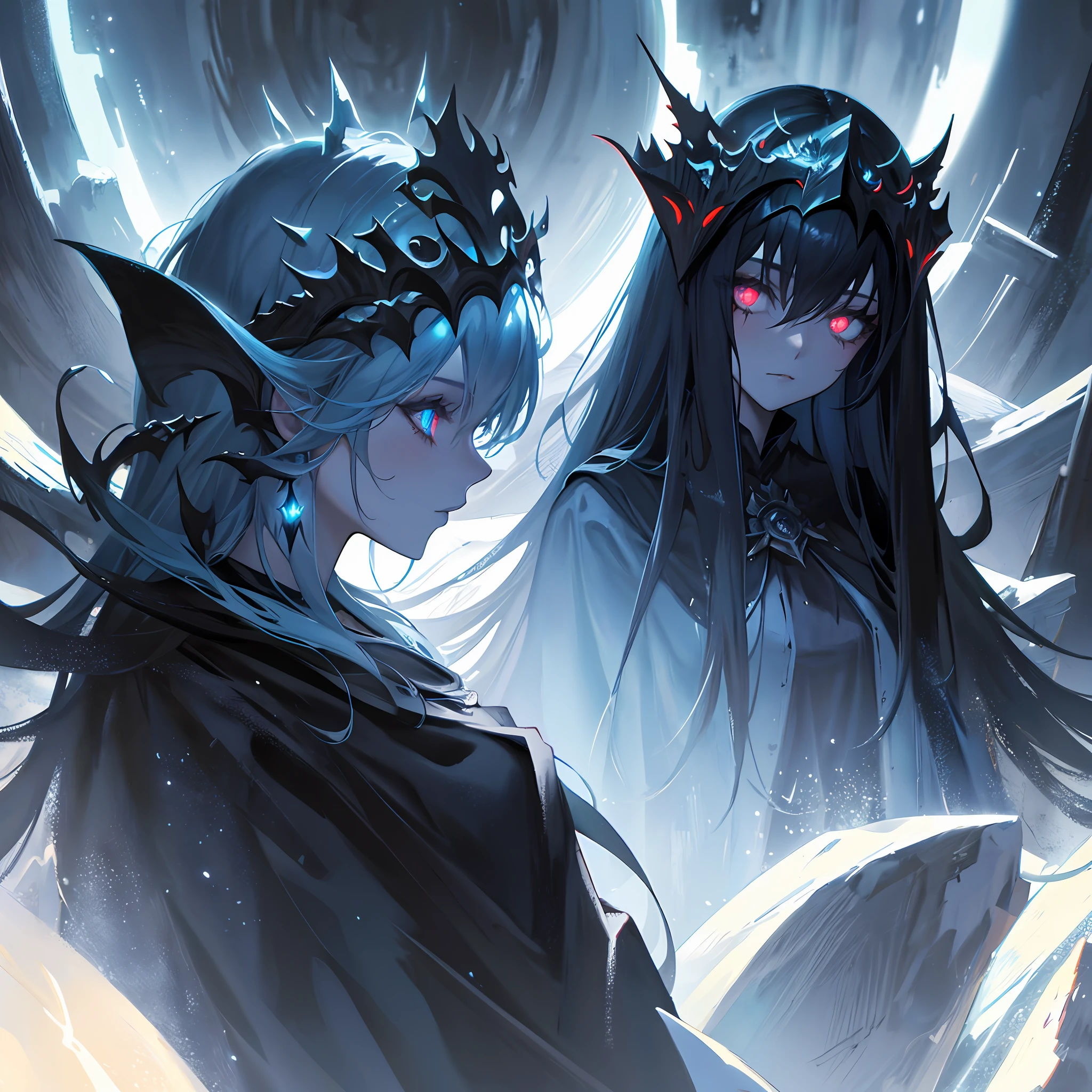 cute girl, fantasy concept art, dark style, wearing horror mask on head, wearing black robe, glowing eyes, masterpiece, best painting, 8K, super fantasy art, super dark art, epic dark atmosphere, epic cold blue,