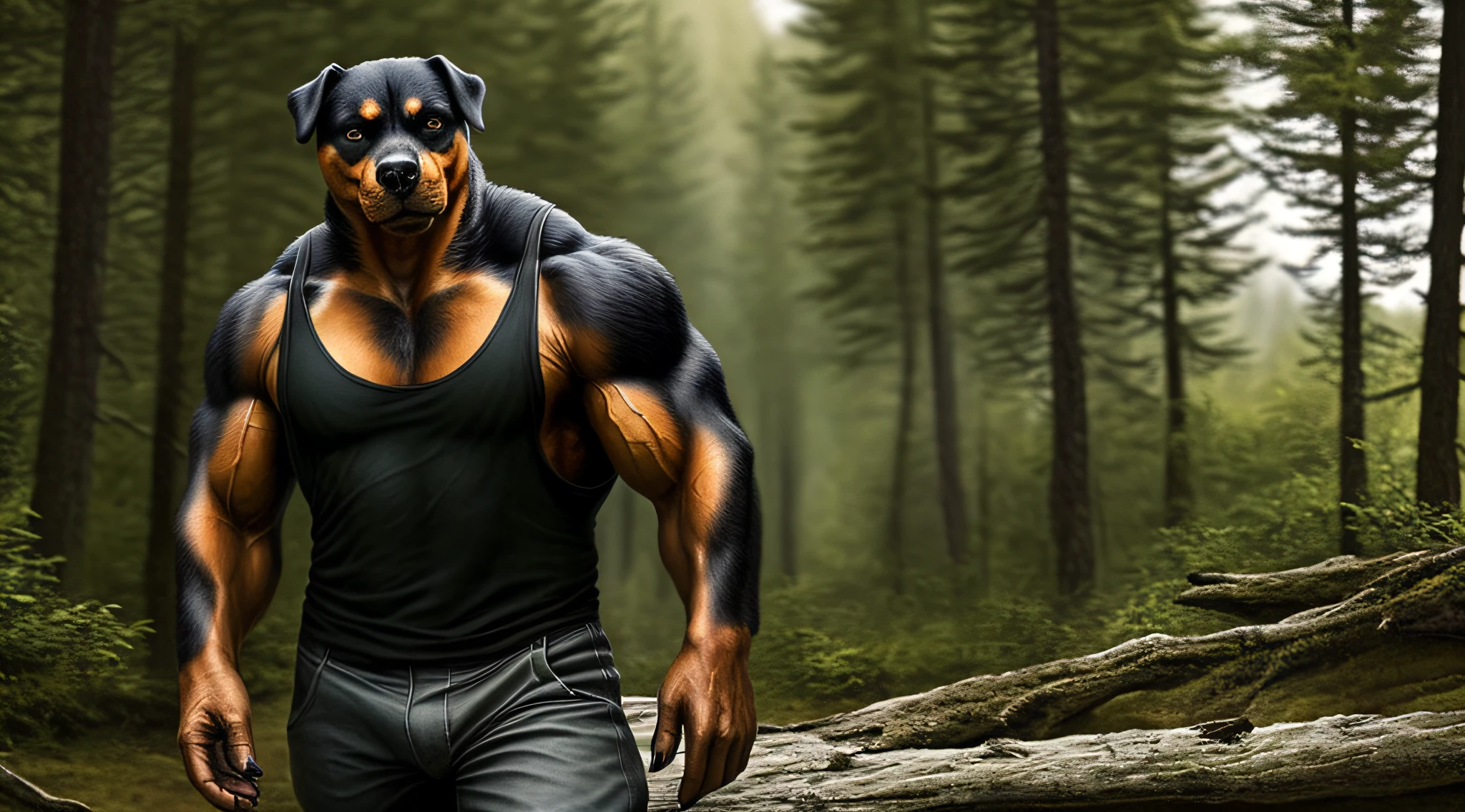 anthro, rottweiler, (realistic fur, fur, realistic fur texture:1), three-quarter portrait, standing, adult, male, solo, muscular, veiny muscles, tank top, pants, tail, detailed background, wilderness background, photorealistic, hyper realistic, ultra detailed,
